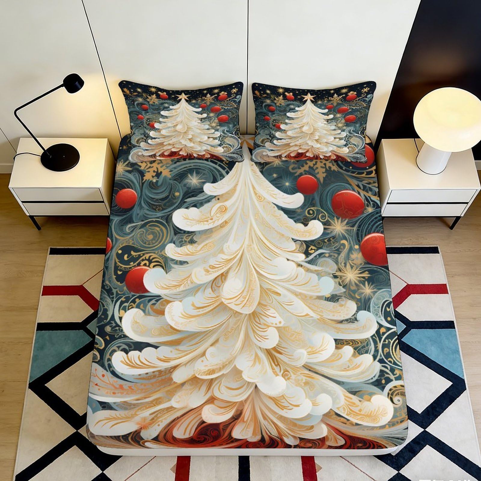 3D Printed Festive Christmas Tree Fitted Sheet Microfiber Bedroom Decor Red Ornament Mattress Cover for Home 90x200x25cm