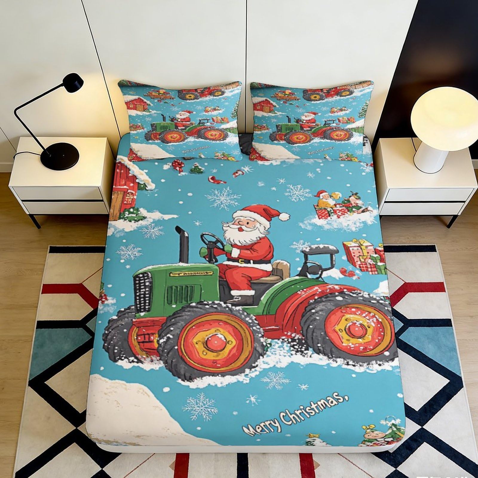 3D Printed Santa Tractor Fitted Sheet, Microfiber, soft touch, snow blue, wrinkle resistant, apartment bedding, home decor, mattress cover for bedroom guest room, easy care, dustproof, 180x200x25cm