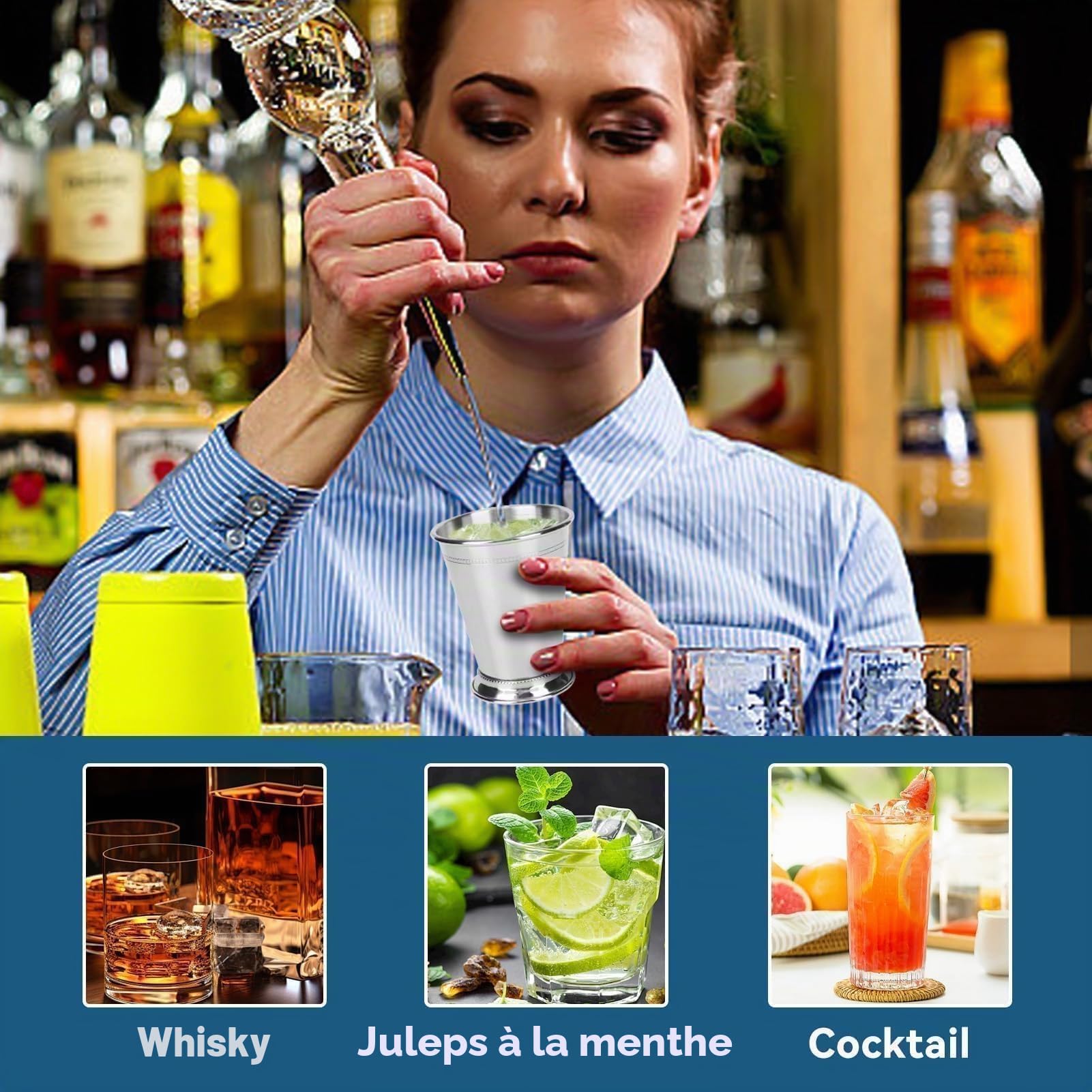 Lot de 3 tasses à cocktail Mint Julep, en acier inoxydable, mélangées pour boissons, bar, bière, doseur cocktail, verre doseur cocktail, 382,7 g/400 ml, 11.3x9.4cm / 4.4x3.7in