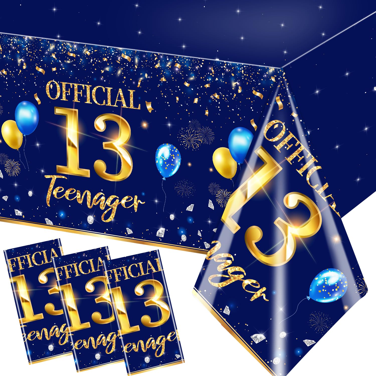 GREHUMOR 13th Birthday Decorations for Boy - 3pcs Navy Blue and Gold Waterproof Plastic Table Covers Rectangle Tablecloth 13th Boy's Birthday Party