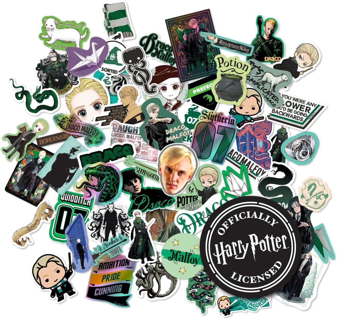 Conquest Journals Harry Potter Draco Malfoy Slytherin Vinyl Sticker Decal Pack, 60-Count, Waterproof, UV & Scratch-Resistant, Decals for Laptops, Water Bottles, Kindles & More, Officially Licensed