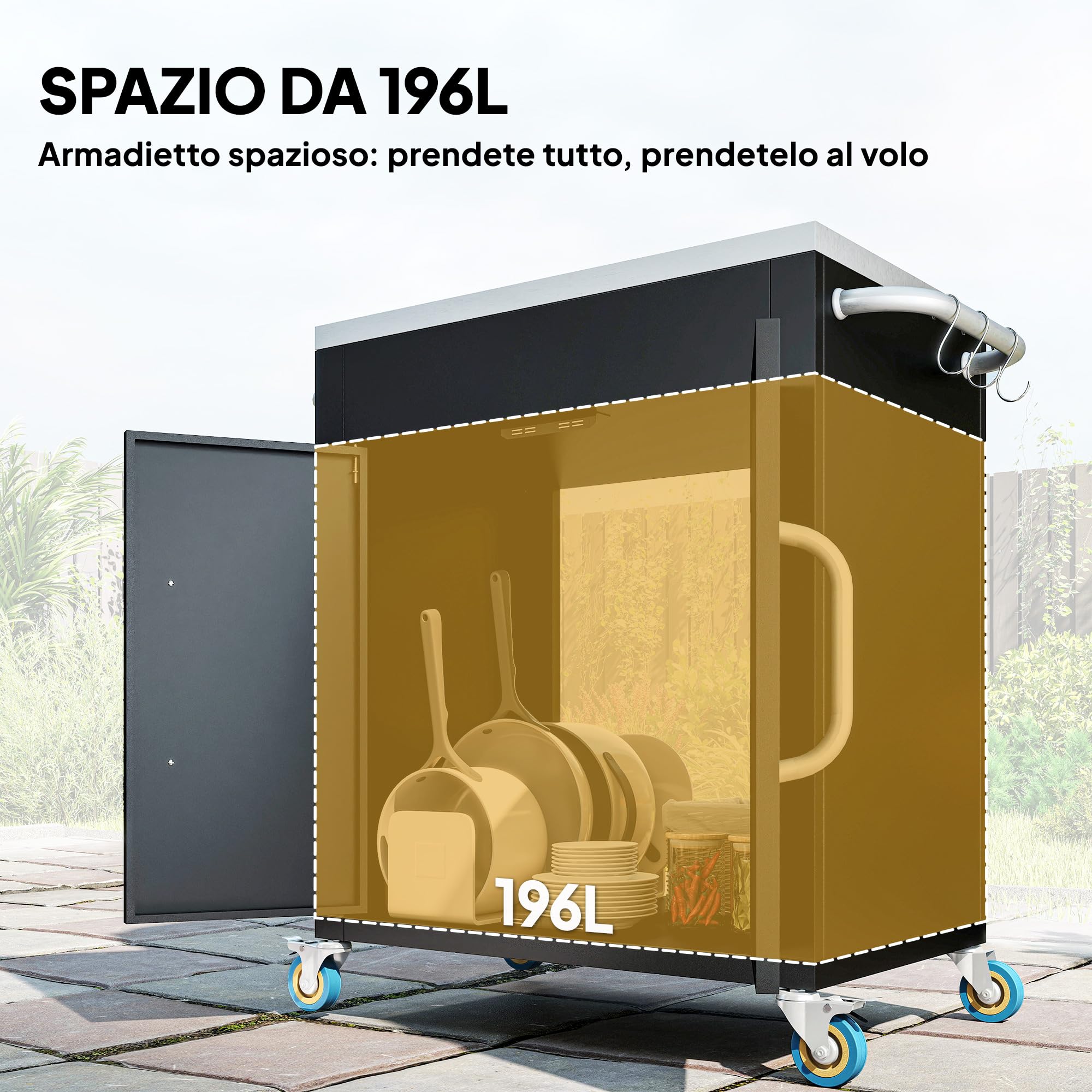 HOMCOM Carrello Barbecue con Piano in Acciaio Inox, Tavolo Cucina da Esterno con Ruote, Maniglia, 6 Ganci e Armadietto Contenitore, 86x50x86.5 cm, Nero