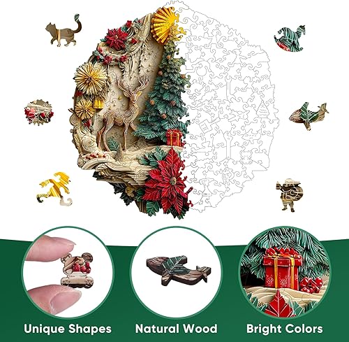 Miniatura 3 de Pikoqunc Rompecabezas de madera para adultos, rompecabezas de árbol de Navidad para adultos, piezas únicas, rompecabezas de corte de madera,