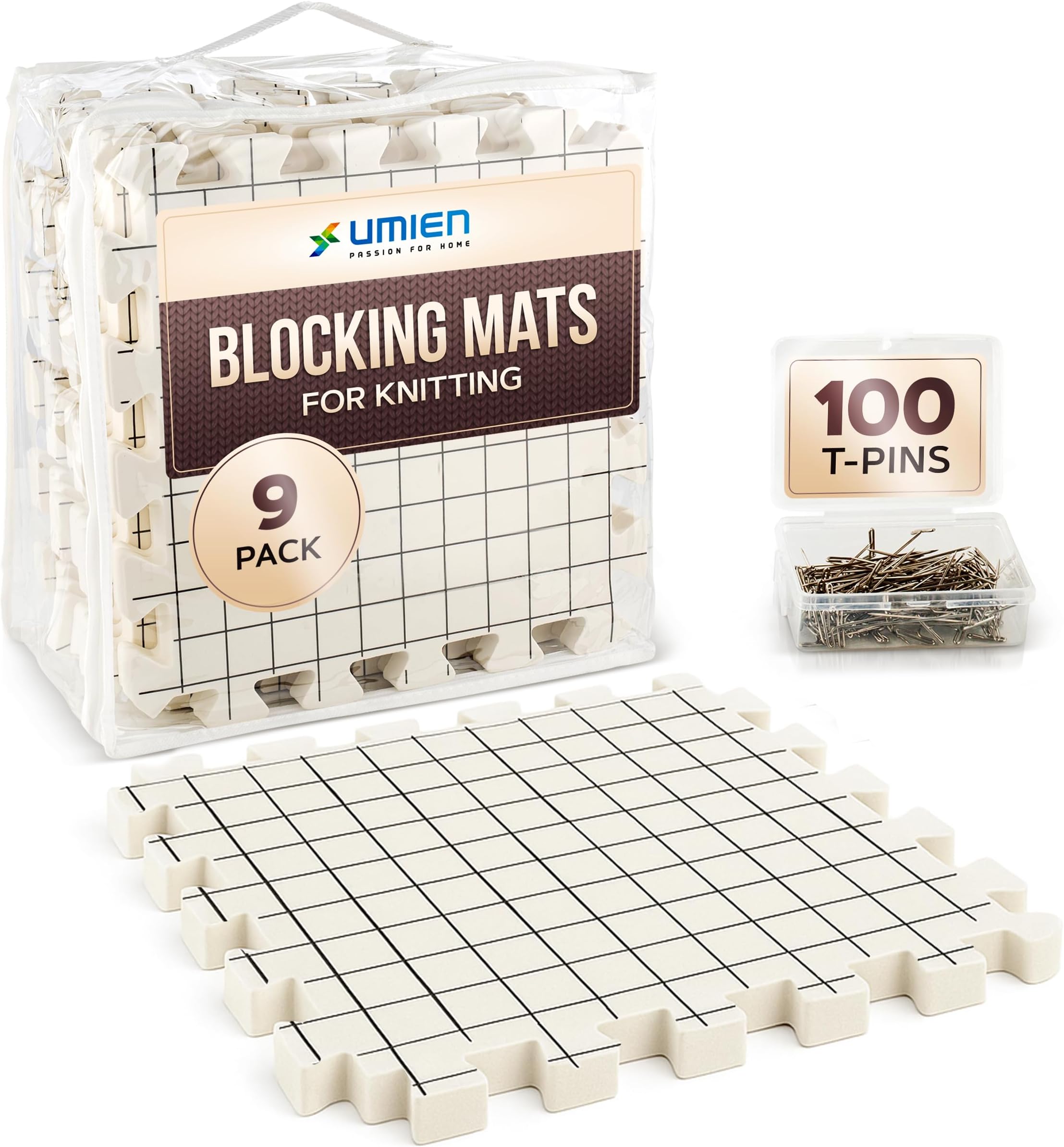 UMIEN™ Blocking Mats for Knitting (9-Pack) - Extra Thick Blocking Boards for Crochet Projects with Grids - Suitable for Needlepoint Or Crochet - Included 100 T-Pins & Storage Bag