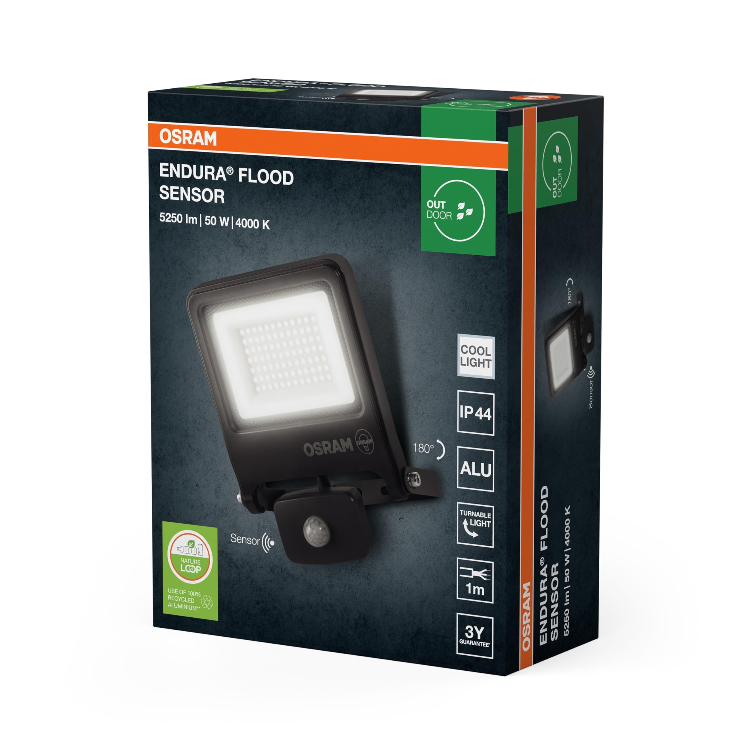 OSRAM Faretto da Esterno con Sensore LED ENDURA Flood, 50W, 5000lm, 4000K bianco freddo, Sensore di Movimento 9m, Alluminio, IP65