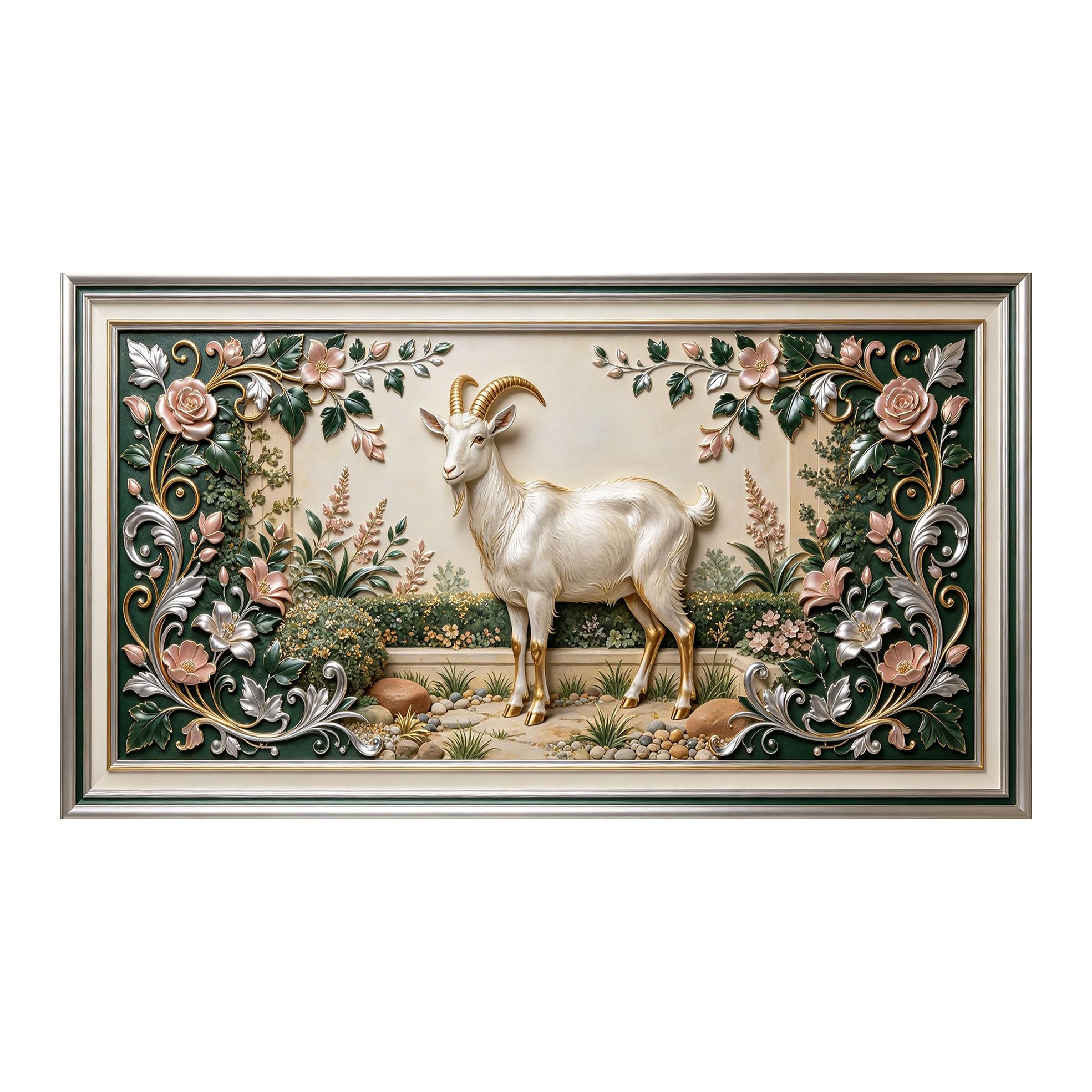 Yzpallescene 3D 3D Framed Wall Art 50cm×90cm White Goat Floral Botanical Pastoral Relief Effect Large Size SelfAdhesive Removable Wall Decor Prints Artwork for Living Room Bedroom Office