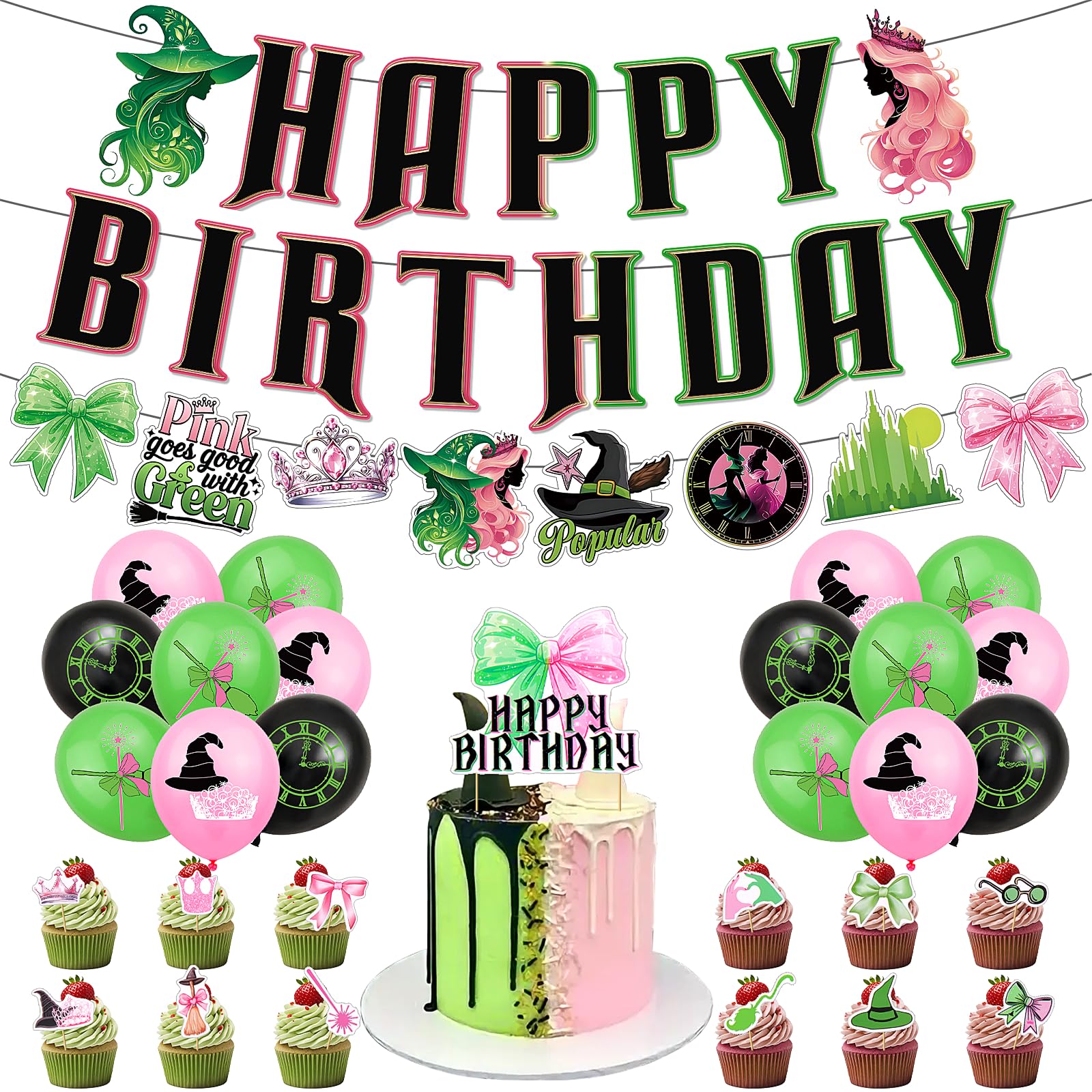 Hysagtek Witch Birthday Party Decorations Pink and Green Party Decorations Happy Birthday Banners Bows Cake Toppers Cupcake Toppers and Balloons Funny Princess Witch Theme Decor