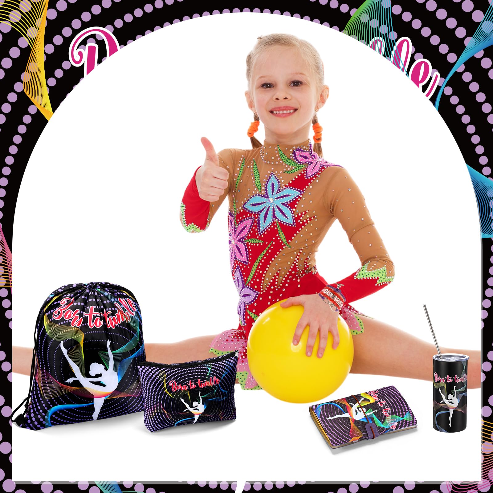 Patelai 11 Pack Gymnastics Gifts Set Gymnastics Drawstring Bag Hairband Bracelet Necklace Makeup Bag Keychain 15 oz Tumbler Cup with Lid Gym Gymnast Party Favors