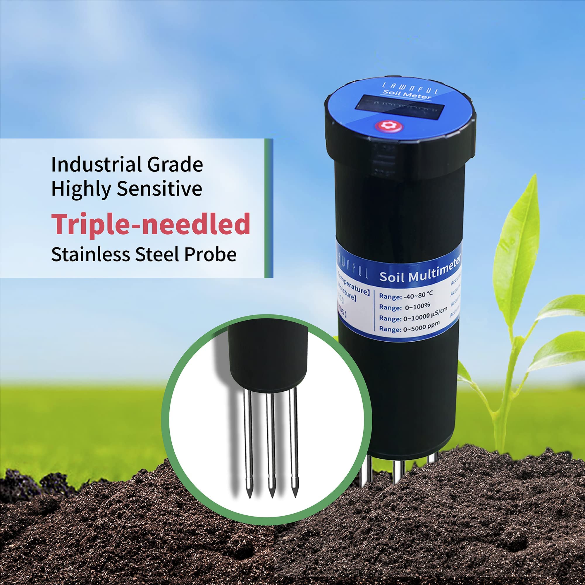 LAWNFUL 4Way Soil Water Meter for Moisture/TDS/Conductivity/Temperature Test, 4in 1 Tester