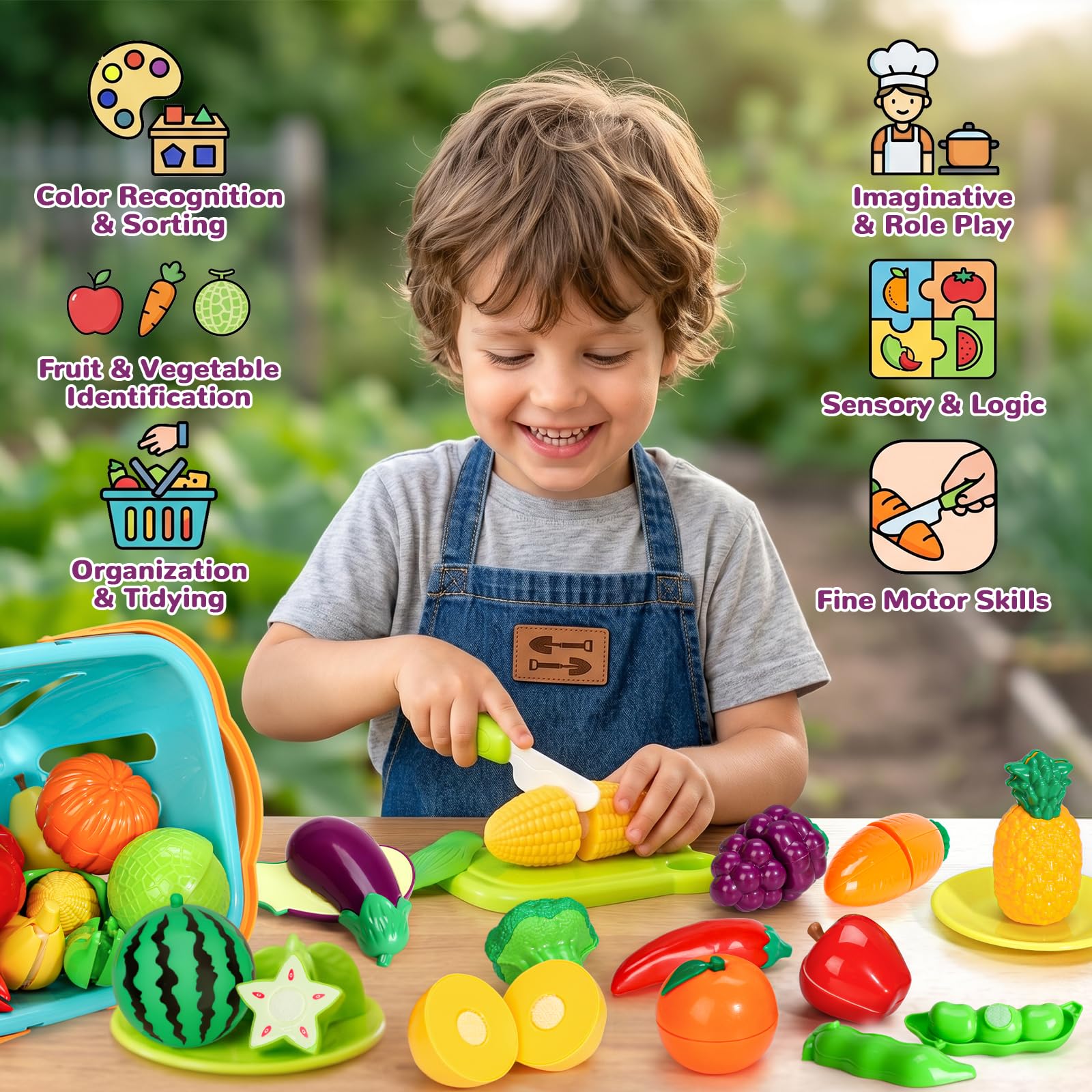 Conjunto Wdebay: fruta para cortar + alfombra de árbol de fieltro. Accesorios para comedores, Juego de comida para cocina infantil. Juguete educativo a partir de 3 años – Regalo para niñas/niños