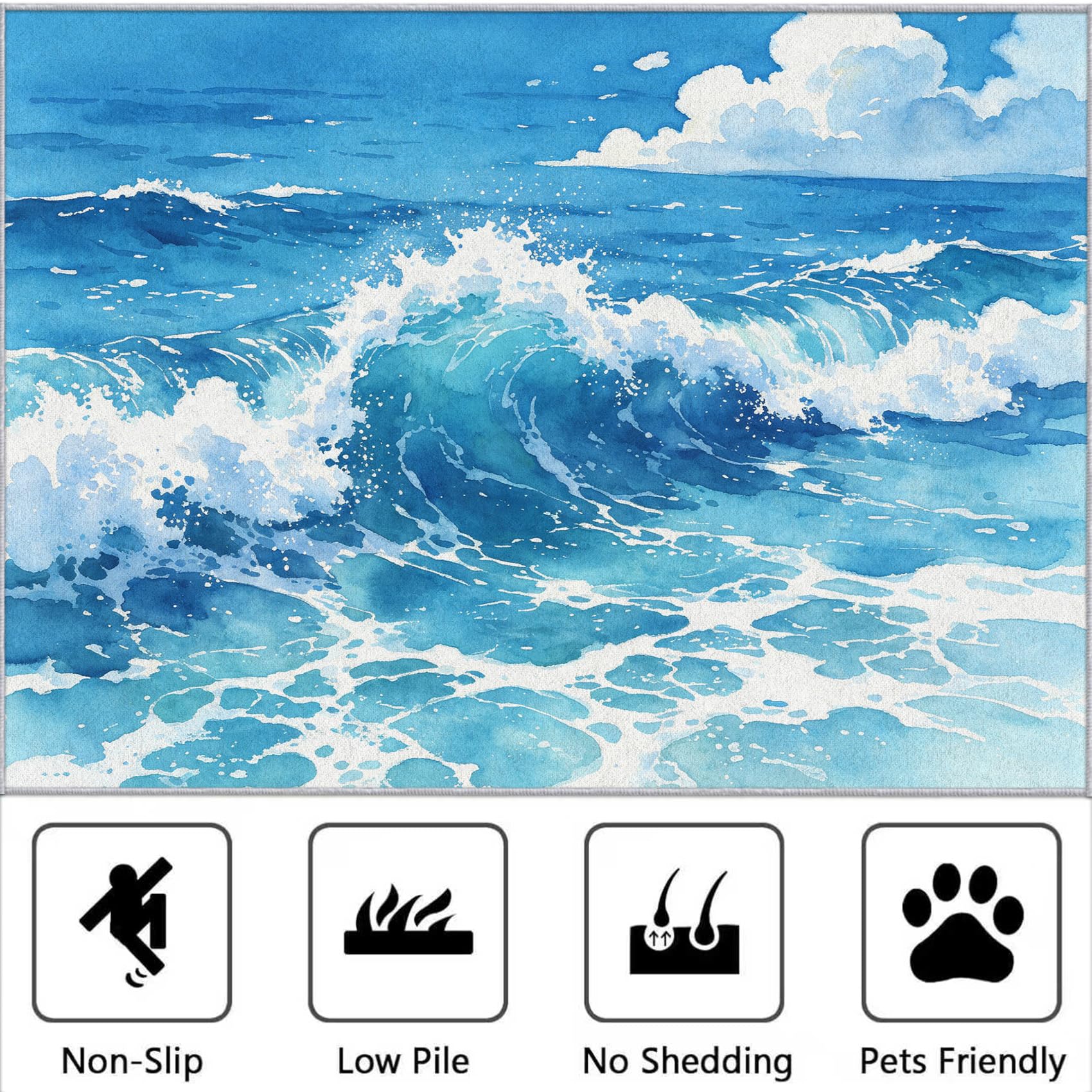 Tapis Carré Océan Bleu 200x200cm Salon Chambre Tapis Mer Antidérapant Lavable Doux Poils Courts Decoration 3D Vagues Paillasson Interieur pour Salle à Manger Cuisine a/2087