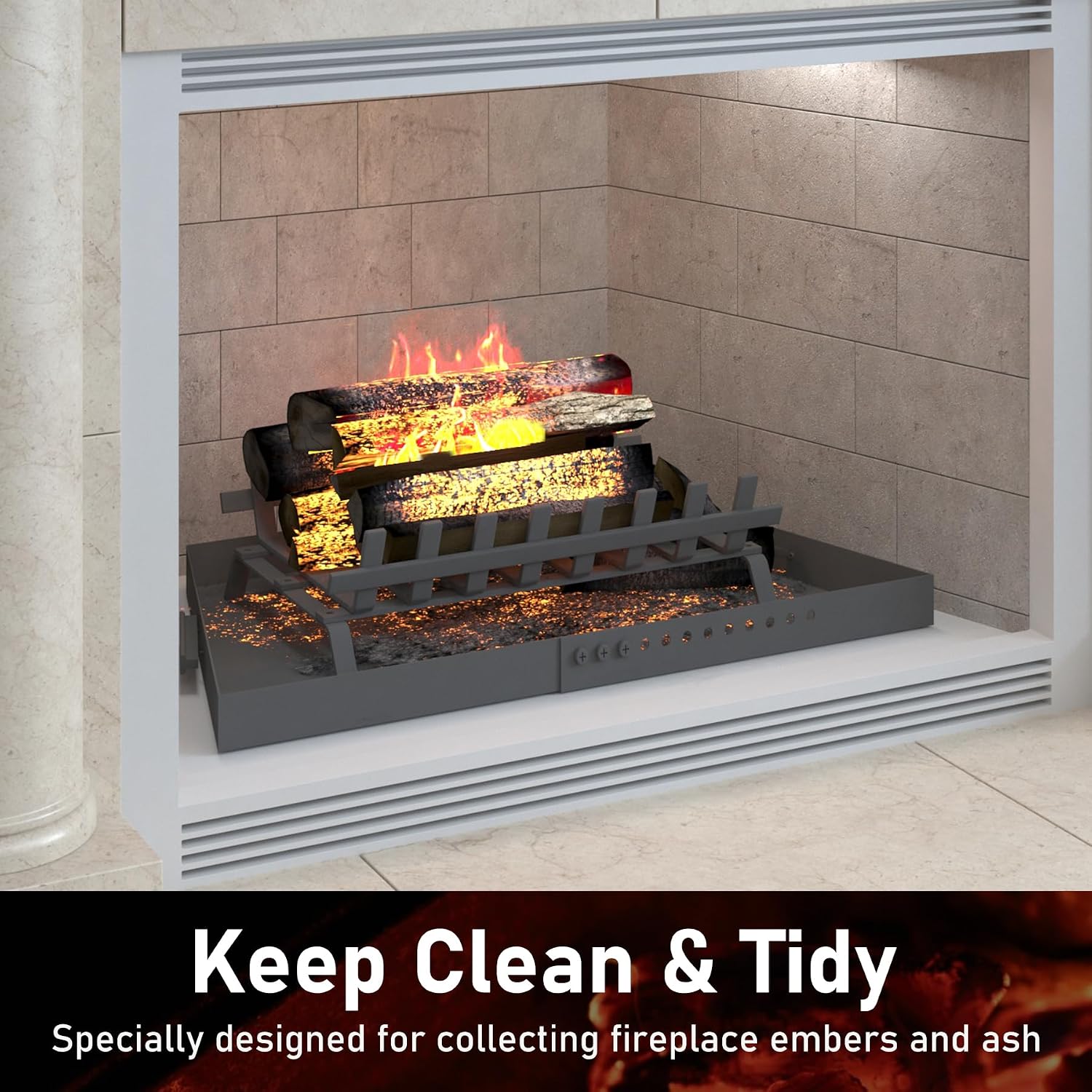 Flamorrow Fireplace Tray with Handles, Adjustable Up to 31.5" Galvanized Steel Fireplace Ash Pan with Cleaning Brush for Fire Place Ash Collection, Black, Trapezoidal