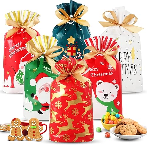 Heniho 60 bolsas de golosinas de Navidad, 4 x 6 pulgadas con cordón, bolsas de galletas para dulces, regalos de fiesta