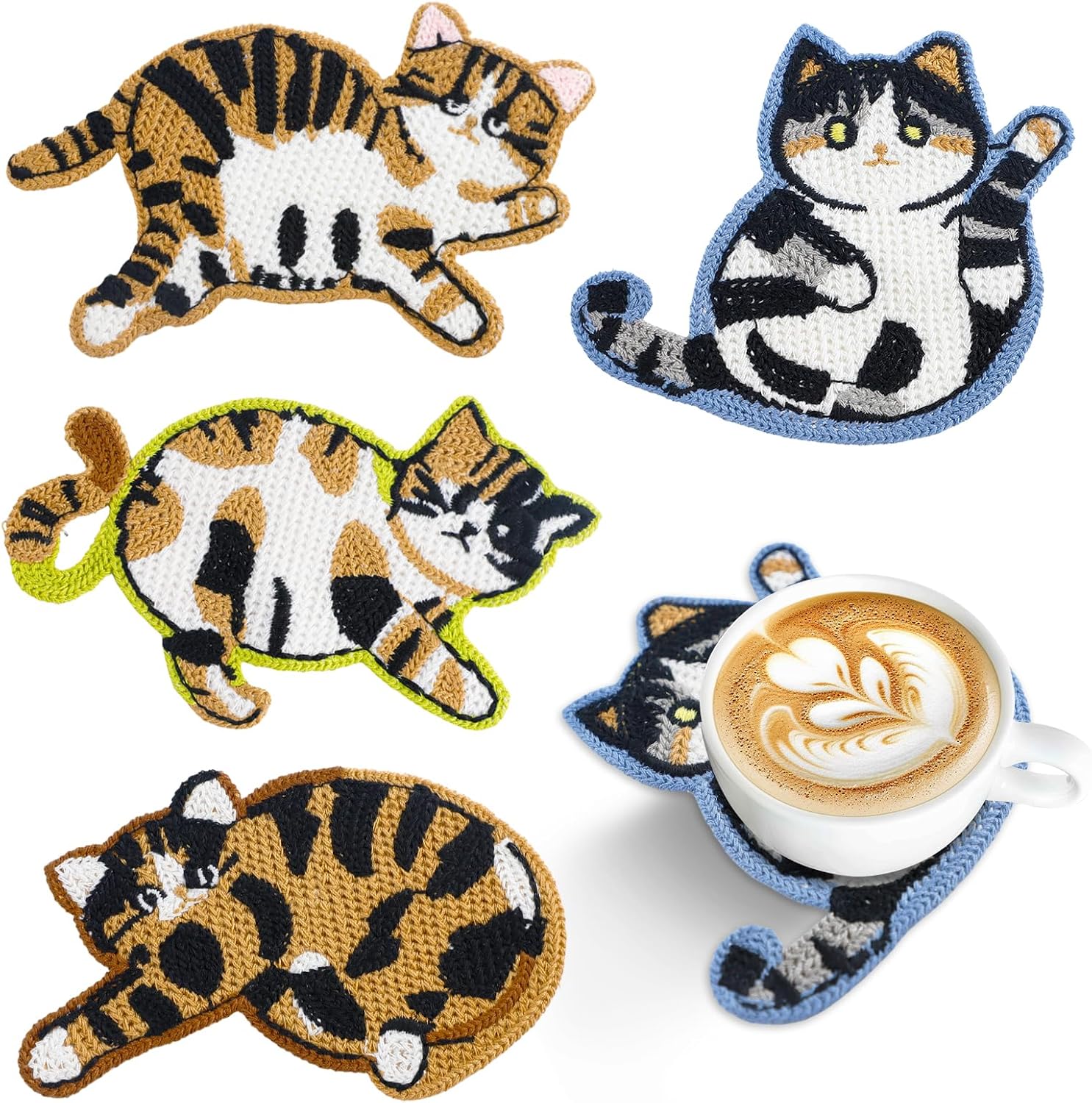 Cute Cat Coasters for Desk, Funny Woven Coaster for Decoration, Creative Gifts for Cat Lovers, Crochet Insulation Knitted Coasters for Coffee Tea Table Desktop Protection (4, Style B)