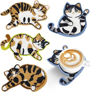 Cute Knitted Cat Coasters Set of 4 - Funny Crochet Woven Coasters for Desk Protection, Drinks, Cat Lovers Gifts Style A