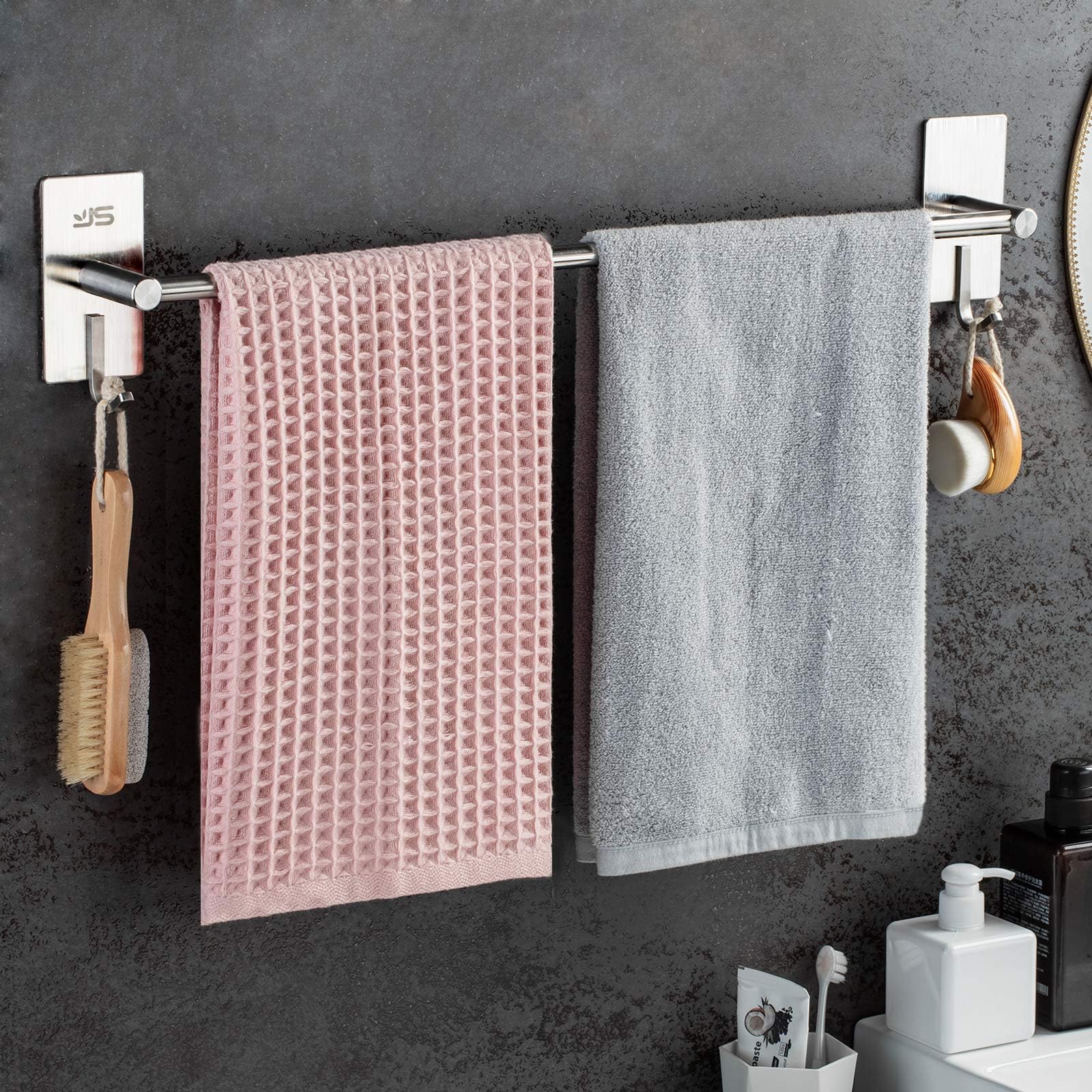 JS Towel Holder Bathroom No Drill Silver Towel Hanger 64.5cm/25.4inch Stainless Steel Self Adhesive Towel Rack, Heavy Duty Towel Rail with 2 Hooks for Shower & Kitchen
