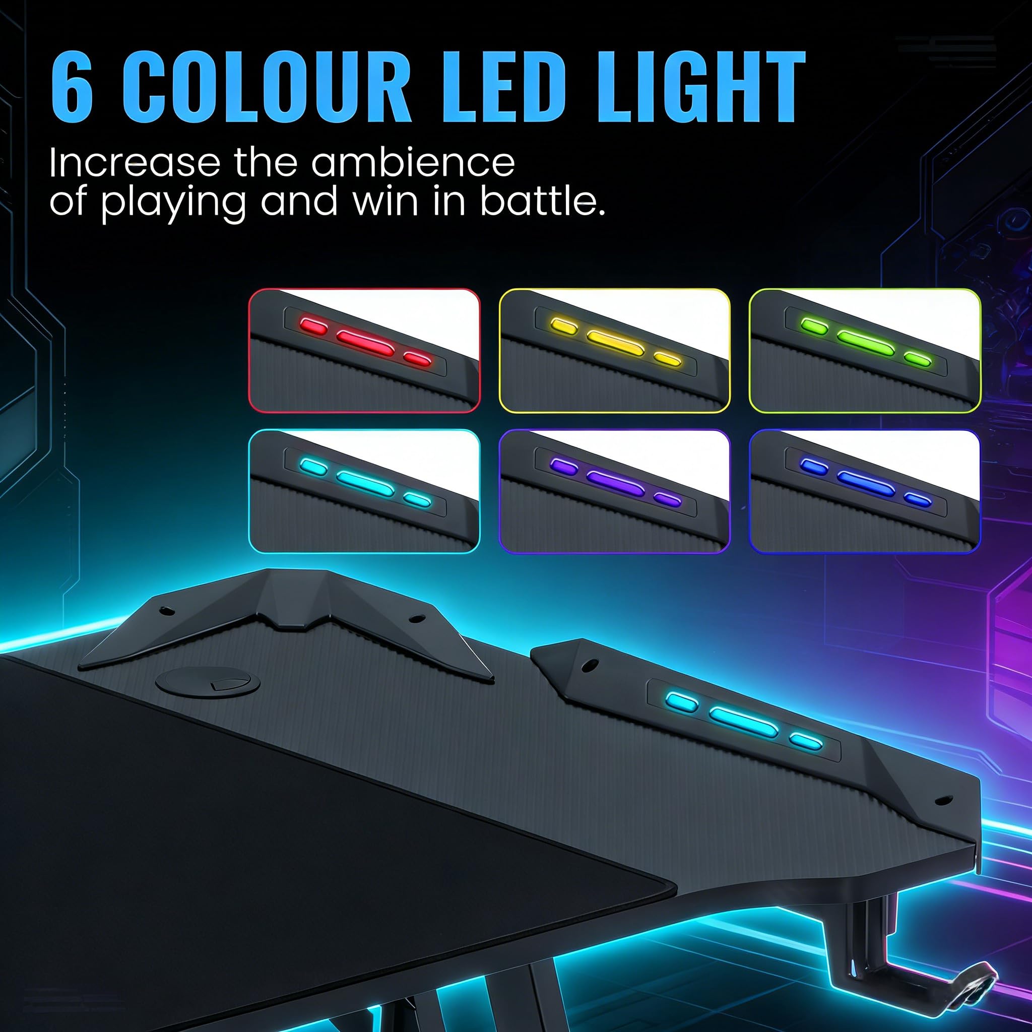 Biurko do gier Led 120 x 60, ergonomiczny stół do gier komputerowych ze światłem RGB, stół dla graczy w kształcie litery Z, stół dla graczy z uchwytem na kubek i haczykiem na kask, taca z włókna