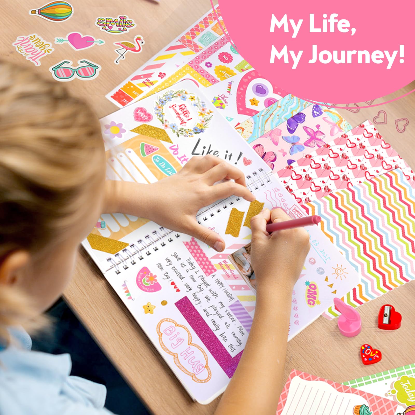 Sunrad Set diario fai da te per bambini, Scrapbook & Diary Supplies Set con taccuino A5, per scrapbook fai da te, kit di cancelleria, regalo per ragazzi 6, 7, 8, 9, 10, 11, 12 anni