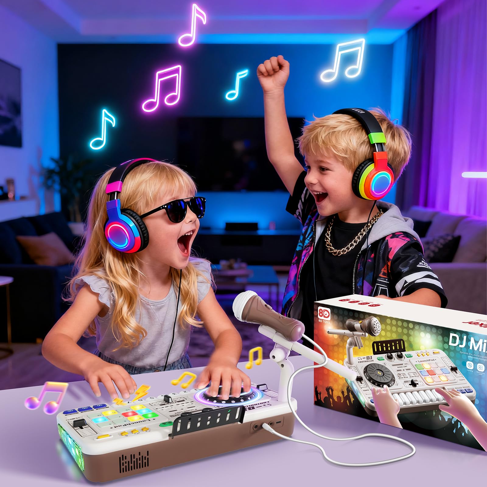 DJ Pult DJ Mischpult für Kinder 3-10 Jahre DJ Mixer DJ Controller | mit Mikrofon, 100+ Soundeffekten, mit Licht Akku Ideales Geschenk Spielzeug für DJ-Mixer Jungen Mädchen 4 5 6 7 8 9 Jahre