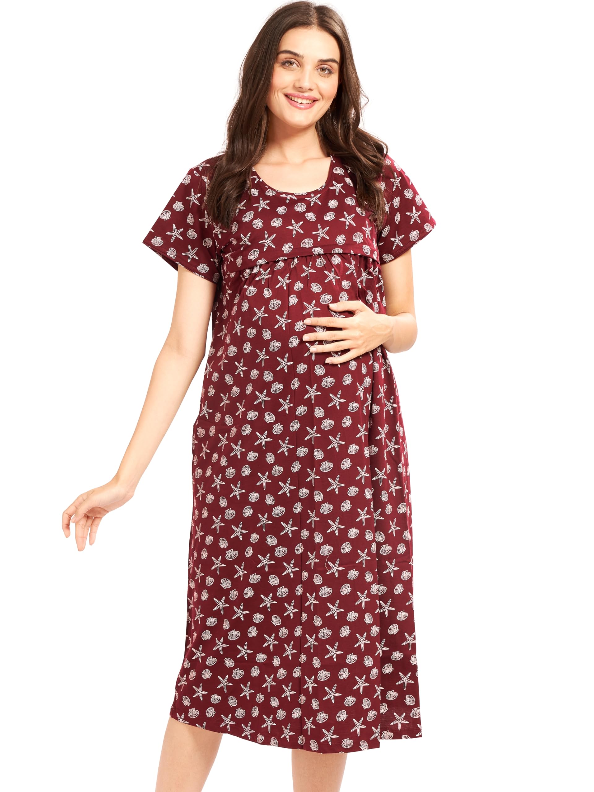Women Cotton Printed Maternity Nursing & Feeding Relaxed Fit Nighty -3147-image-35