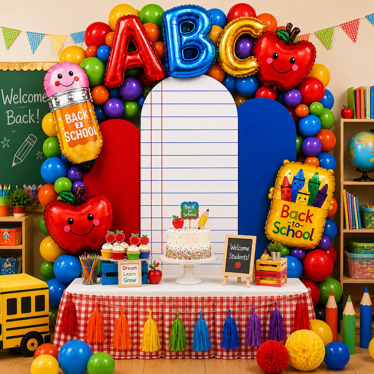 Cinrobiye Juego de 56 piezas de telón de fondo de arco de regreso a clases, composición de tela elástica, fundas de arco de cuaderno para marcos de 4 pies, 5 pies y 6 pies con 42 globos, decoración de