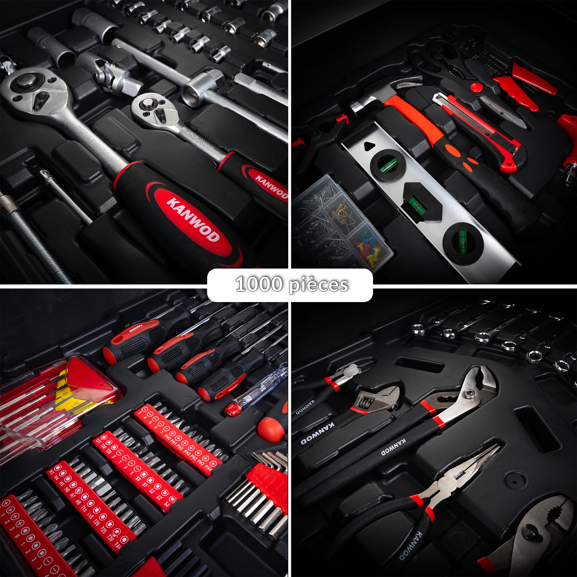 KANWOD Valise a Outils 1000 Pièces, Caisse a Outil Complete, Boite a Outils Portable avec Roulettes, Mallette en Aluminium, Kit Outils Bricolage pour Hobby et Travaux Domestiques