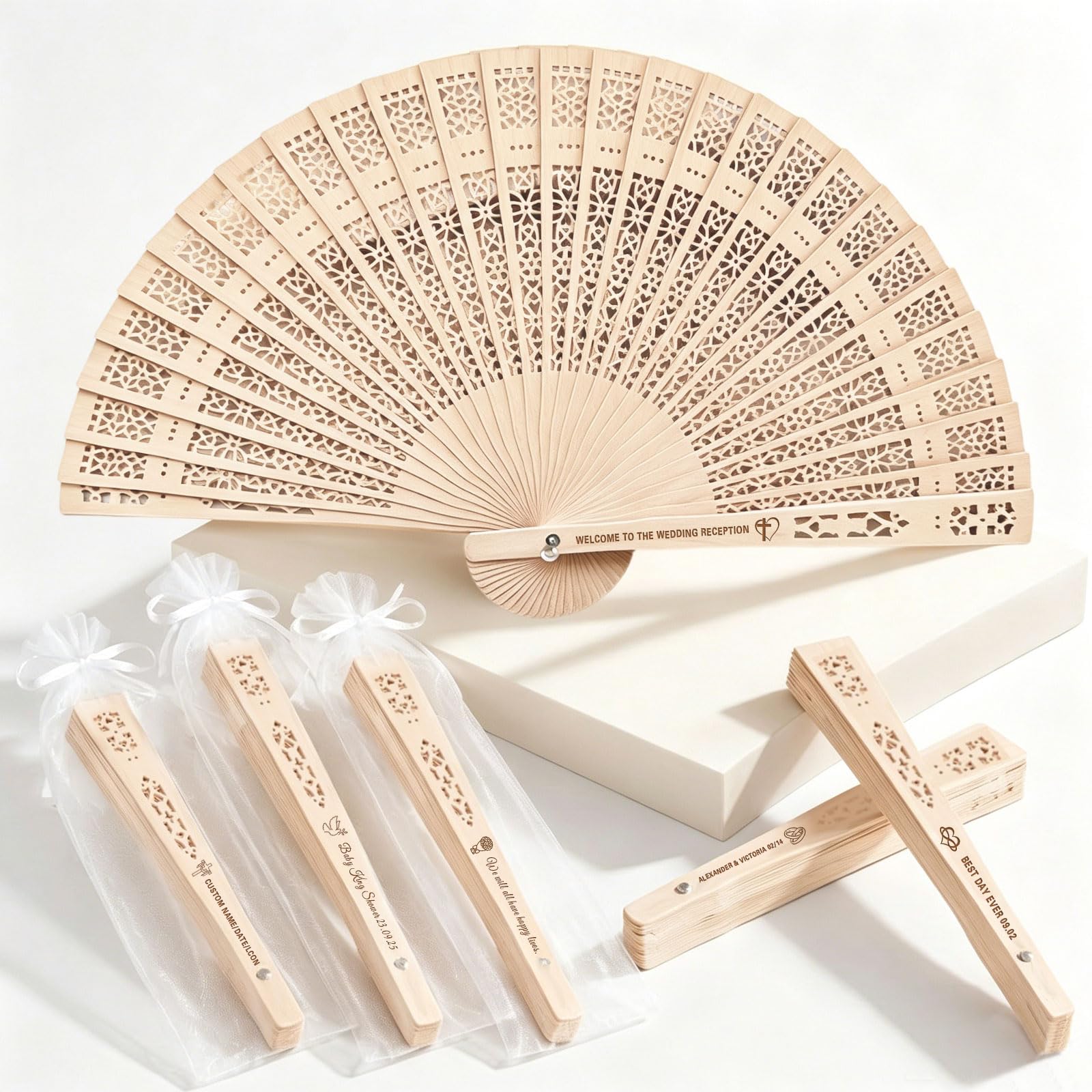 10-100 Pcs Personalised Wooden Hand Fans, Custom Engraved Text, Names & Dates Sandalwood Wedding Fans, Elegant Keepsake for Summer Weddings, Events & Guest Favours (Fully Stamped Folding Hand Fan 02)