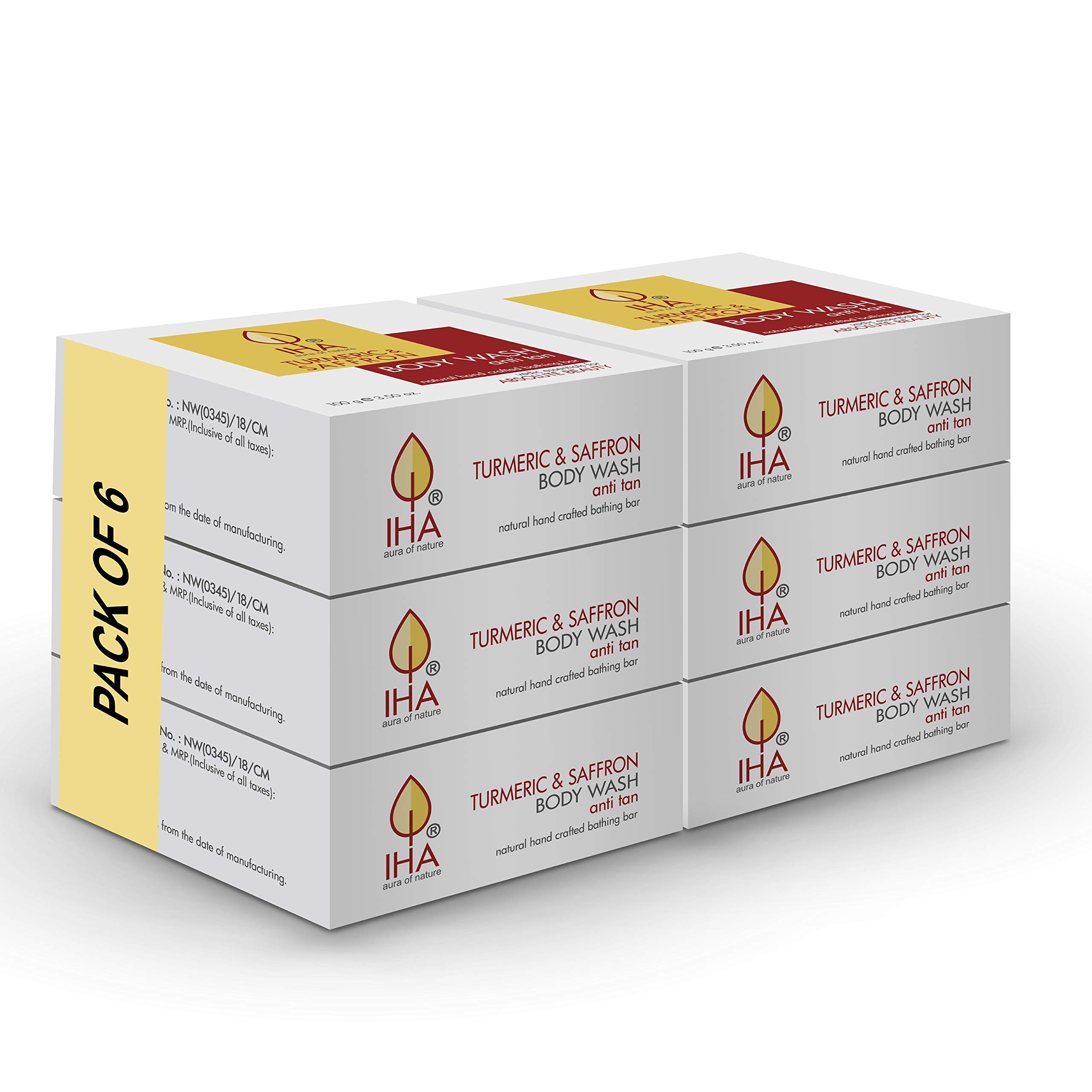 IHA Herbal Bath Soap Combo - Body Soap for Sensitive Skin - Anti Tan Lumiderm Handmade Vegan Bar - Soaps for Men & Women - Turmeric & Saffron (Pack of 6) 100G each
