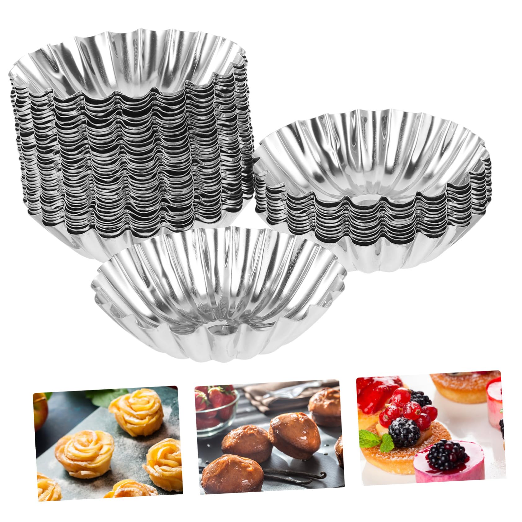 Cabilock Moldes de Acero Inoxidable Reutilizables para Tartaletas de Huevo 50 Plata para Postres y Hornear en Hotel o Centro Comercial