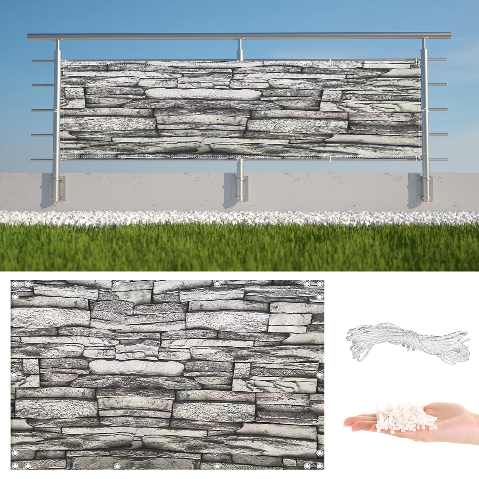 GLDYTVF Balcony 1m x 10m Weatherproof Garden Screen with 96% UV Protection Decorative Privacy Fence for Balcony and Patio Stone Stripes Design with Cable Edge and Buttonhole
