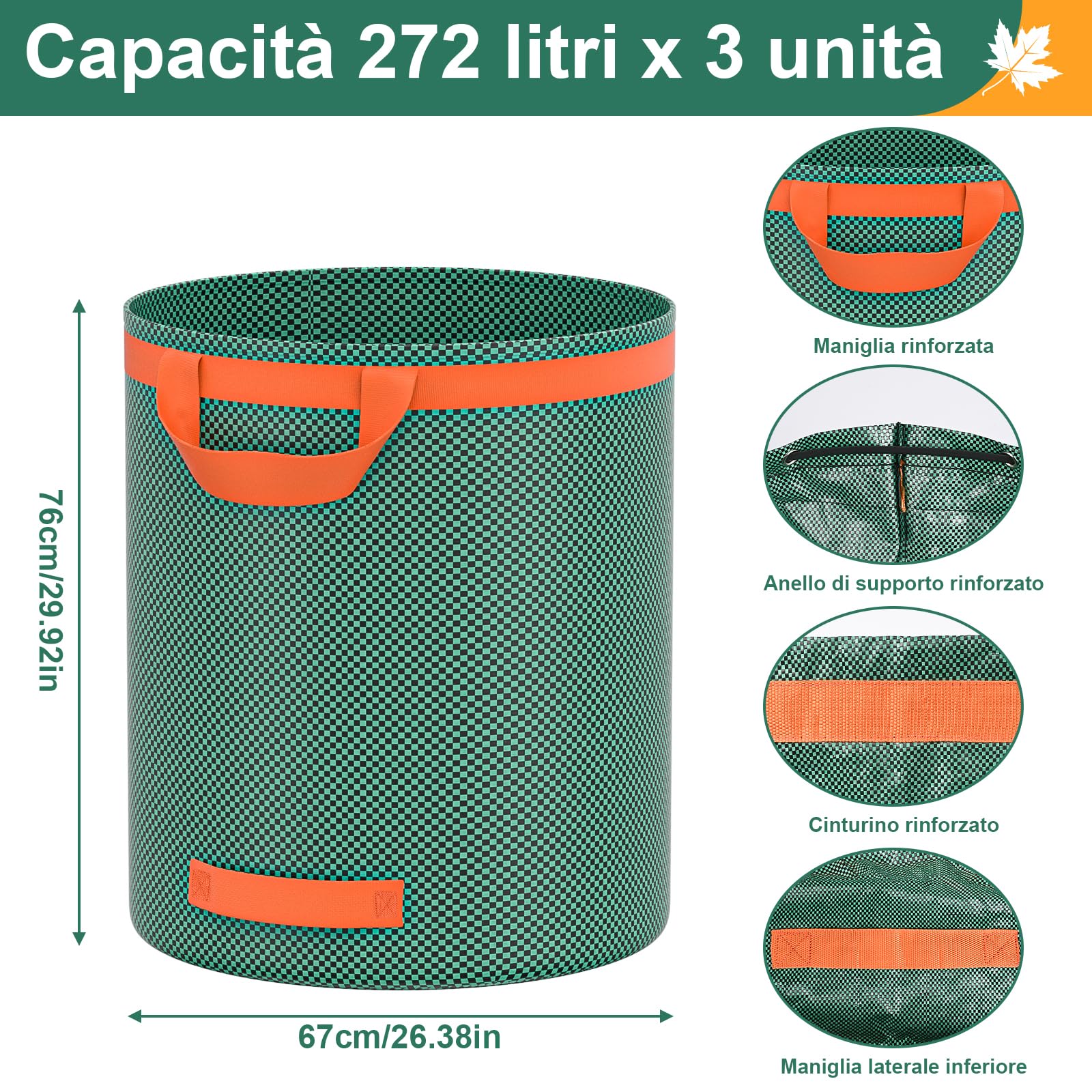 3x272L Sacchi per Rifiuti da Giardino Resistenti,Sacchi Giardinaggio Pieghevole,Sacchi Giardinaggio Riutilizzabili con Maniglie, Sacco Raccogli Foglie Autoportante