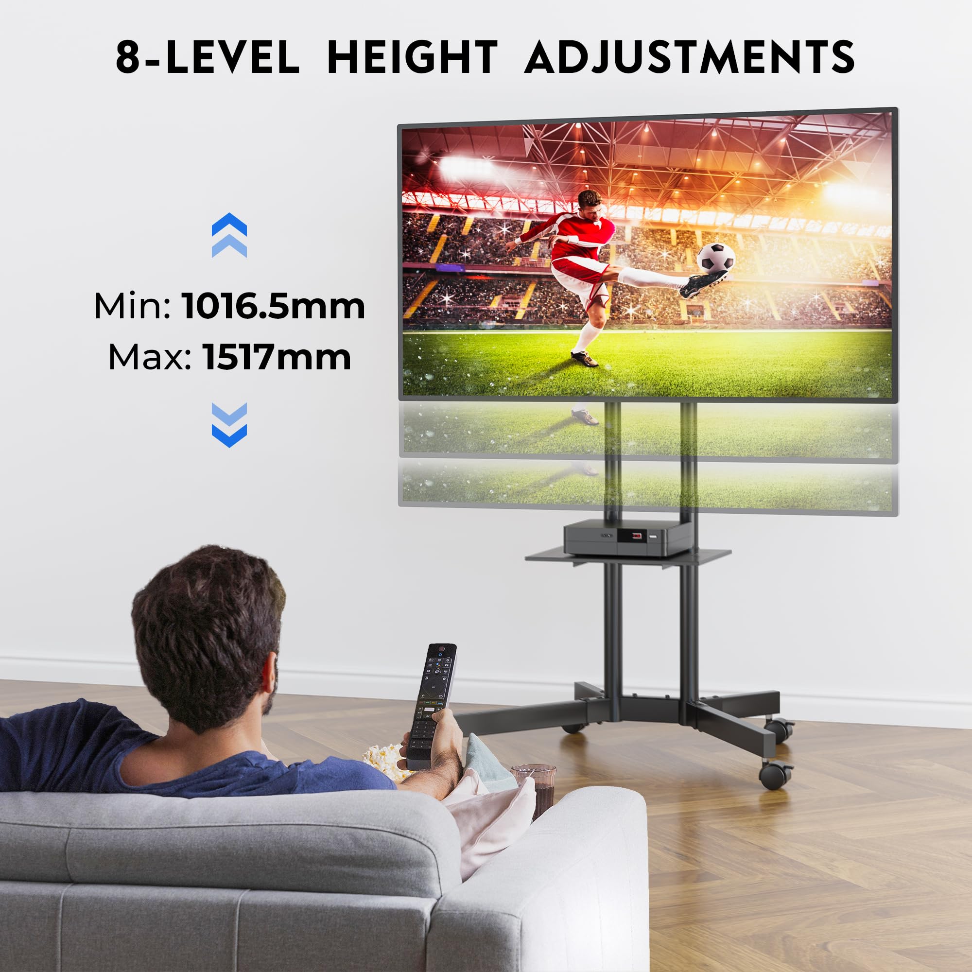 BONTEC Rollbarer TV Ständer mit feststellbaren Rollen, höhenverstellbarer TV Wagen für 32-85 Zoll, 55 kg, VESA 600x400, mit Ablage und Kabelmanagement