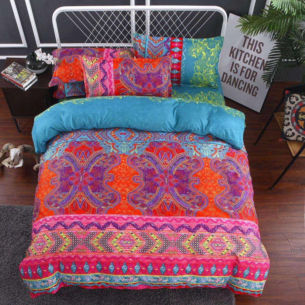 Sticker superb Blue Red Purple Green Moroccan Bohemian Duvet Cover Set, Indian Ethnic Exotic Bedding Set with Pillow Case, Butterfly Boy Girl Mandala Bedding Set (Bohemia, Double 200x200cm)