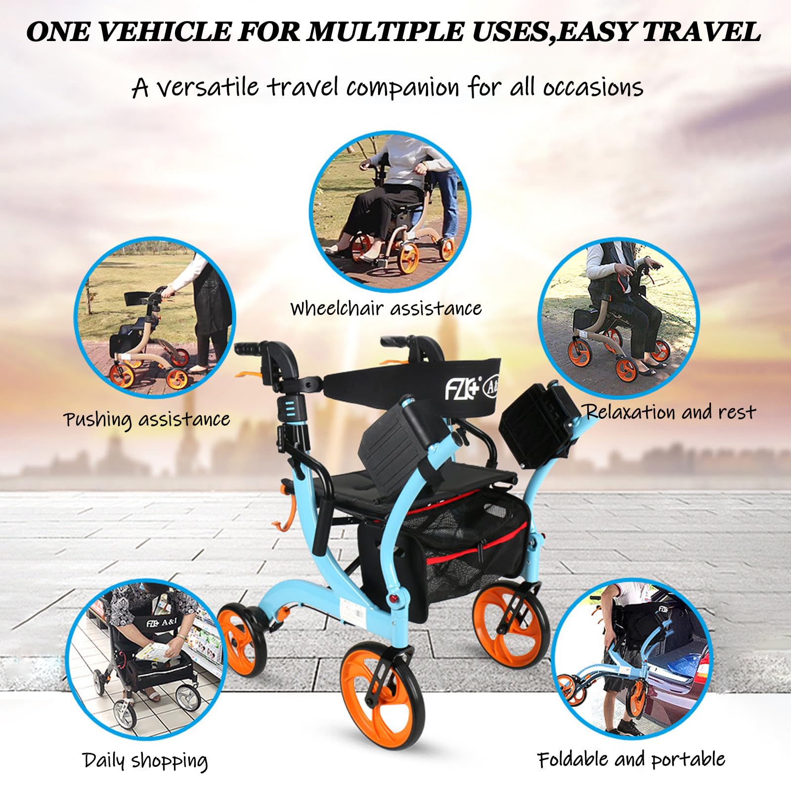 Rollator,pomoce do chodzenia dla seniorów,lekki chodzik,składany z siedziskiem i torbą,4 kółka dla osób starszych,podwójny komfort Blue-Withpedals