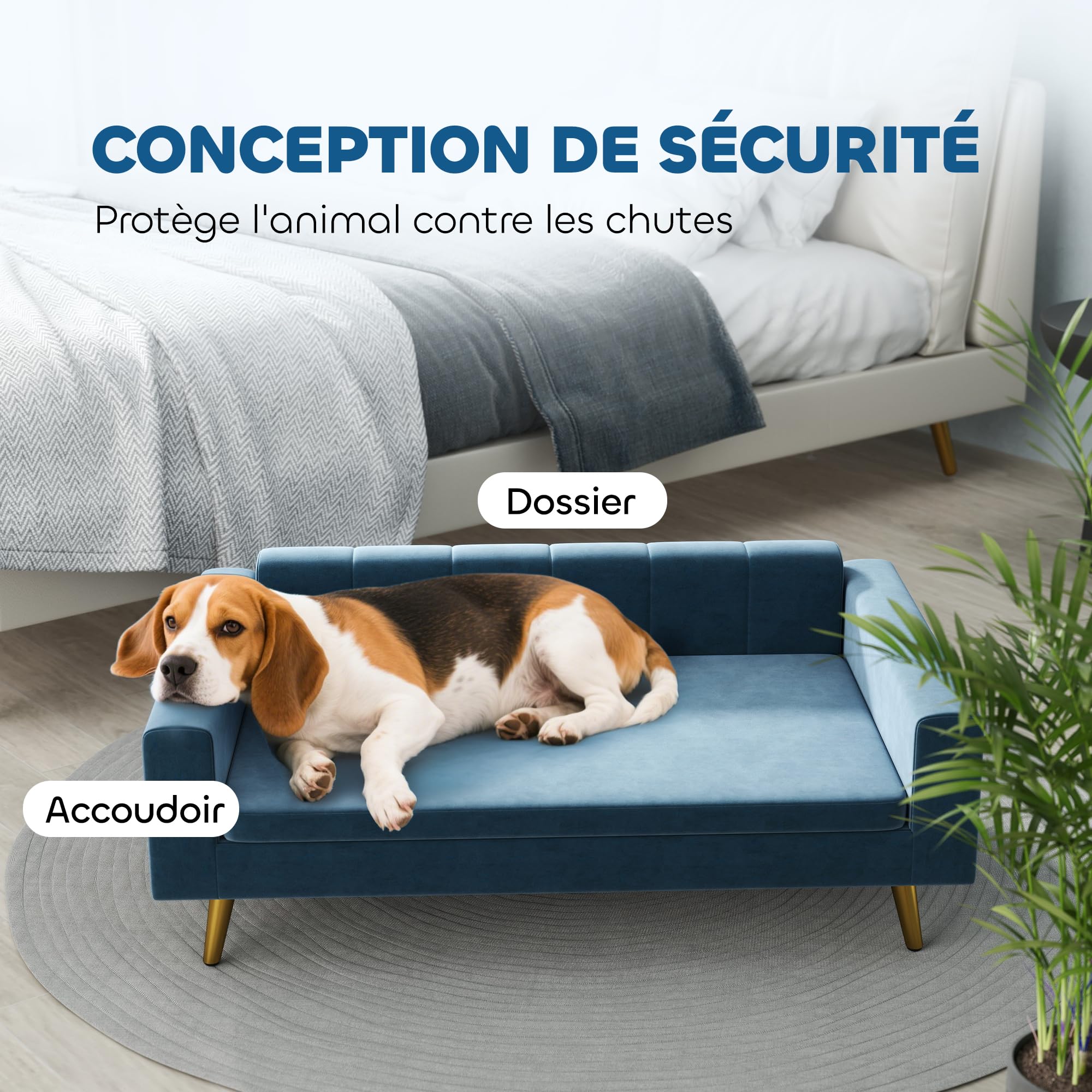PawHut Canapé Chien, lit pour Chien, revêtement en Velours Soyeux, 94 x 59,5 x 31,5 cm, Design scandinave, canapé pour Chien sur Pied, avec Coussin Moelleux, Pieds en Acier Inoxydable, Bleu