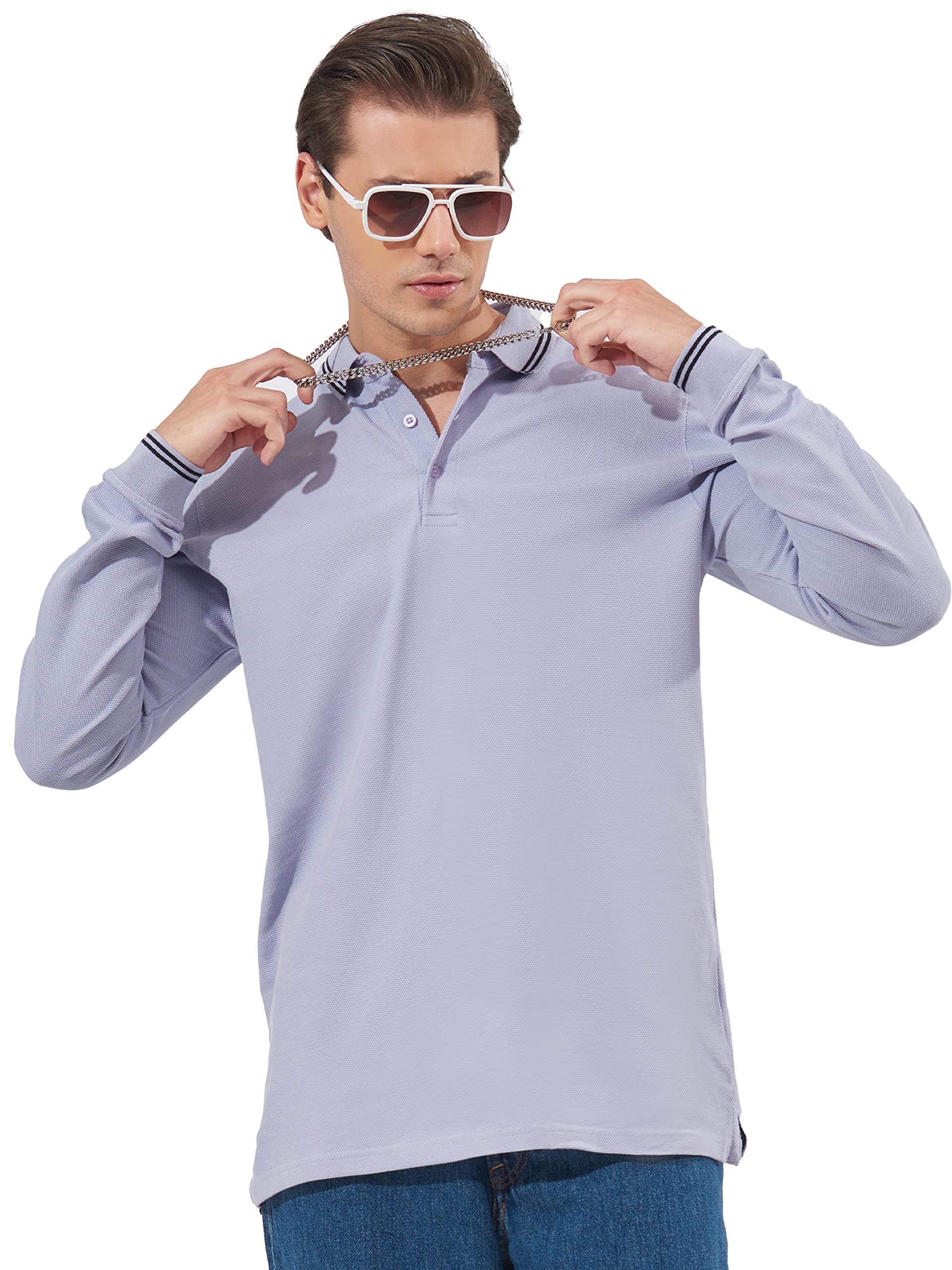 ManiacMens Solid Polo Neck Full Sleeve Cotton Slim Fit T-Shirt