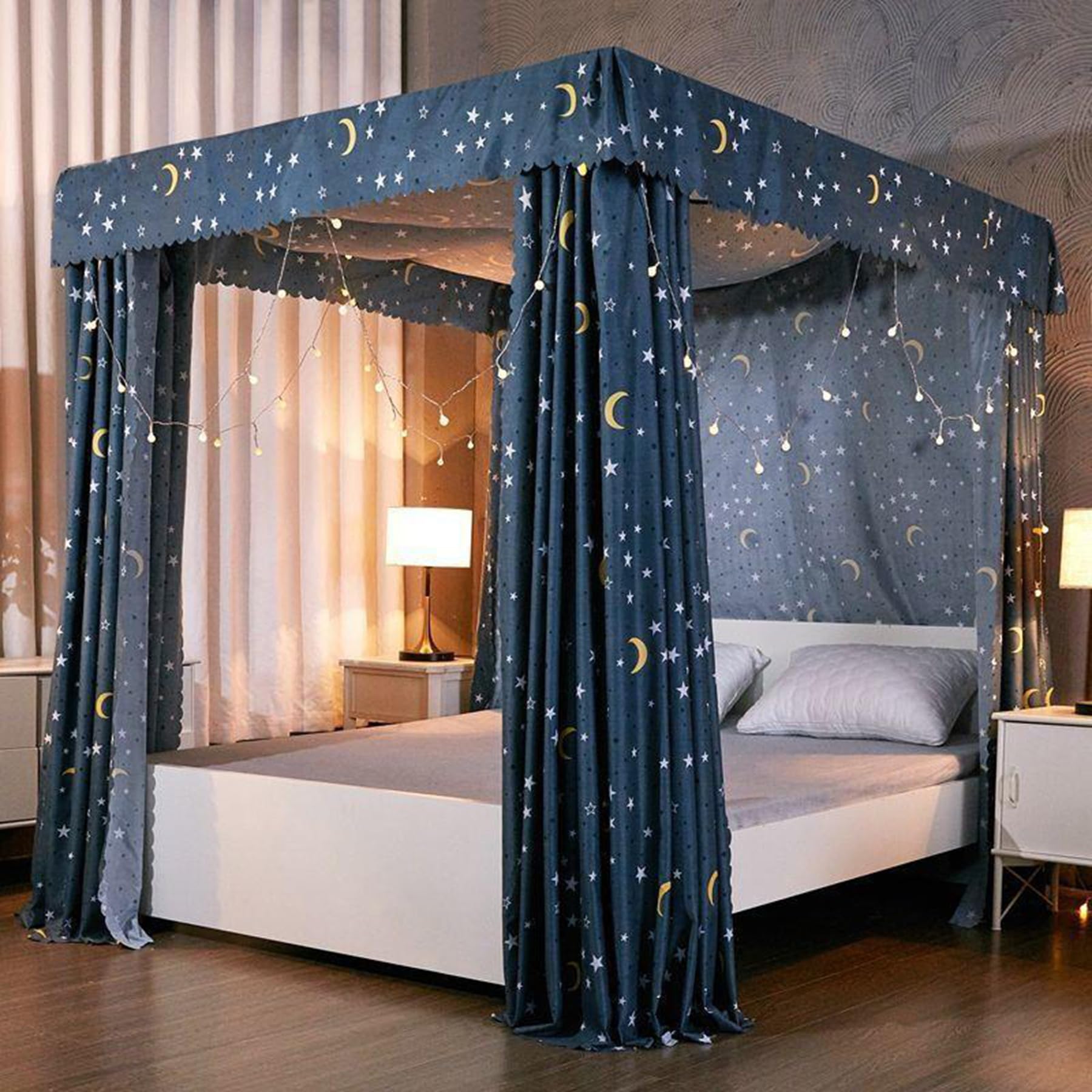 Square One Piece 4 Corner Mosquito Netting Bracket, Stainless Steel Mosquito Net Frame, Bed Stand Canopy Post with Curtain, for Bed,D,QUEEN