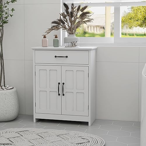 SEHAONOHOME Armario de almacenamiento laminado ajustable independiente con dos puertas y un cajón para baño, dormitorio, sala de estar, color blanco