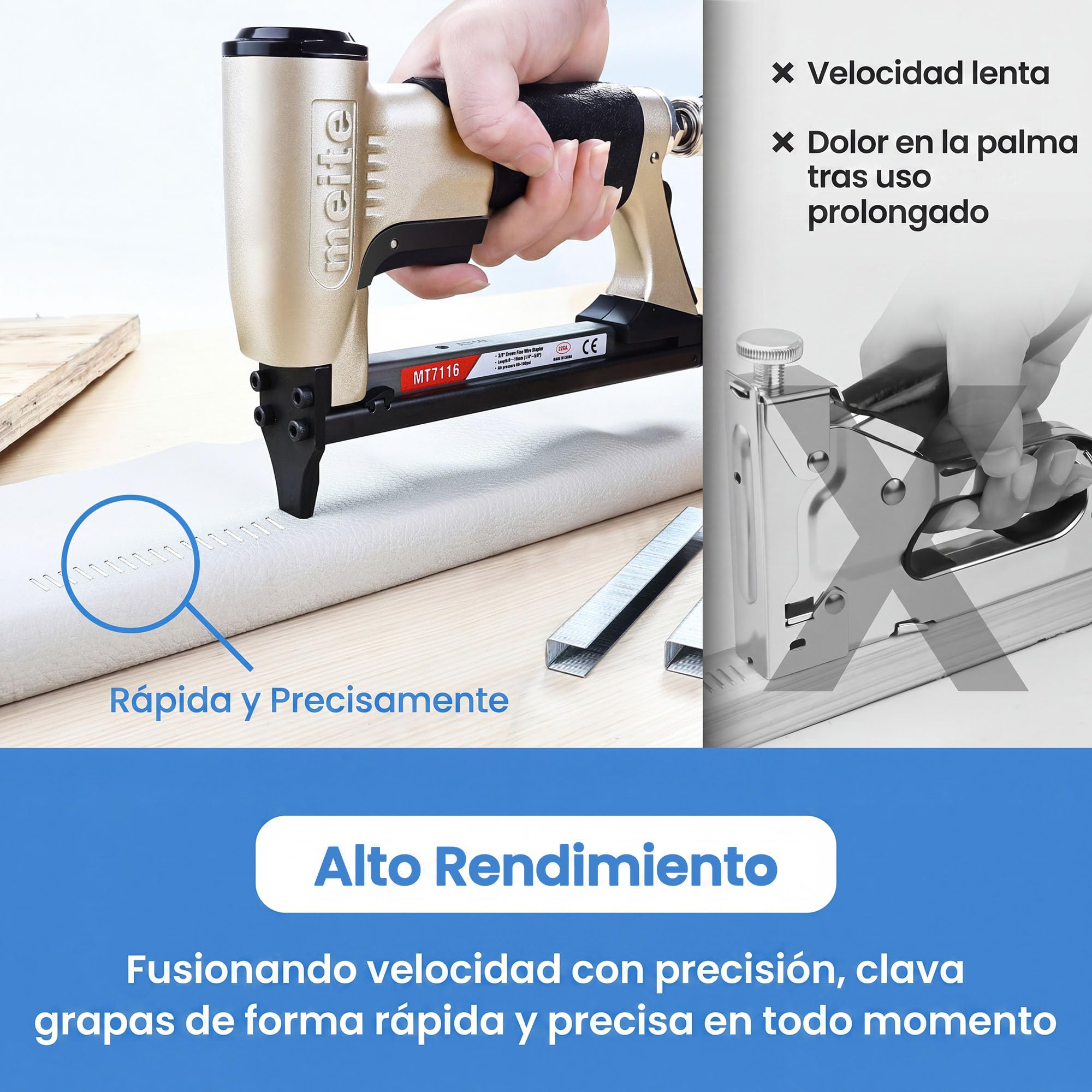 meite MT7116 Grapadora Neumática para Tapicería, Serie 71 Calibre 22, Corona 9,1 mm, Compatible con Grapas de 6 a 16 mm