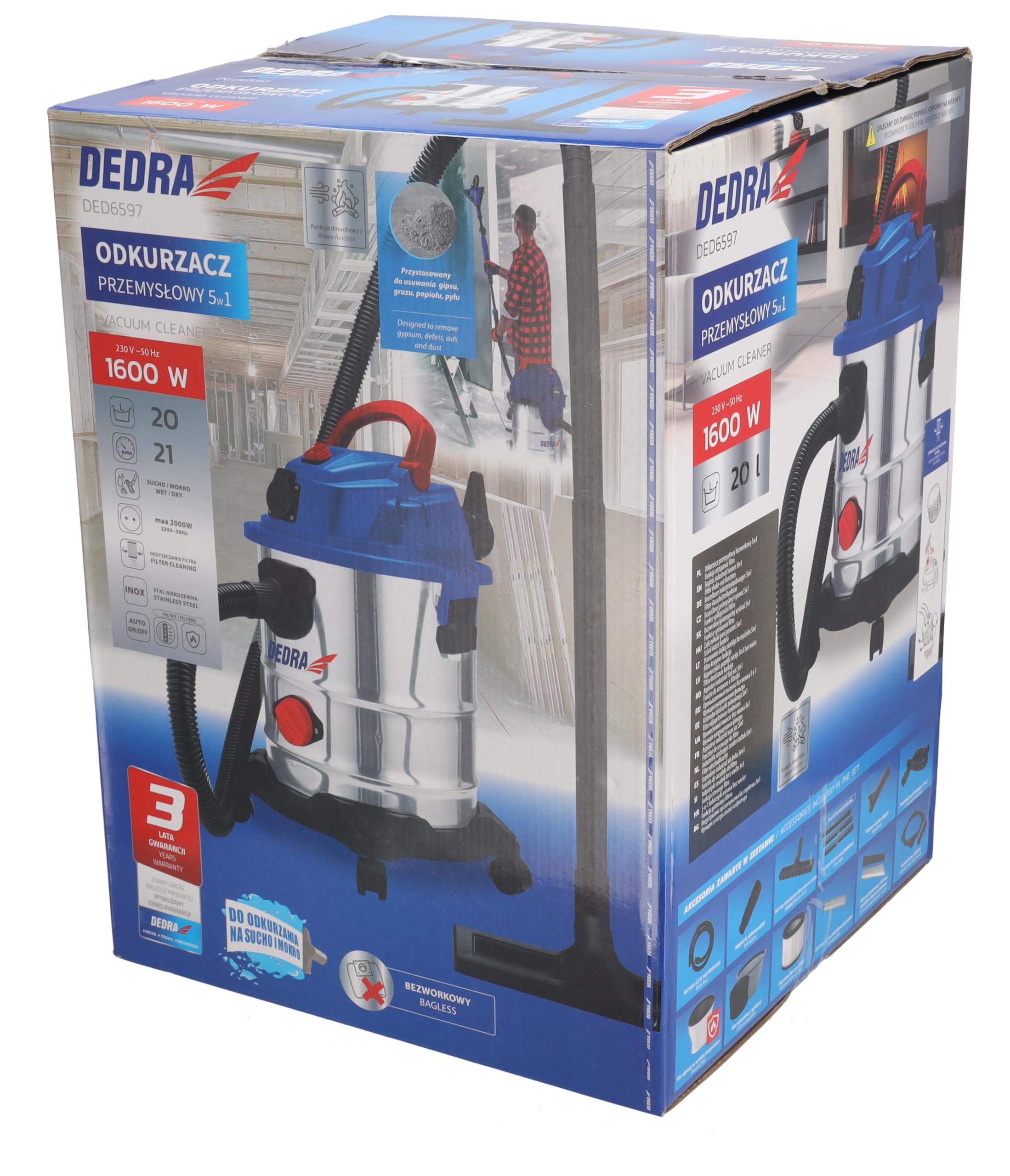 DEDRA DED6597 Aspirador Agua y Polvo 1600W 5 en 1 - Yeso/ceniza/funcionamiento en seco/operación húmeda/soplador, filtro vibrador