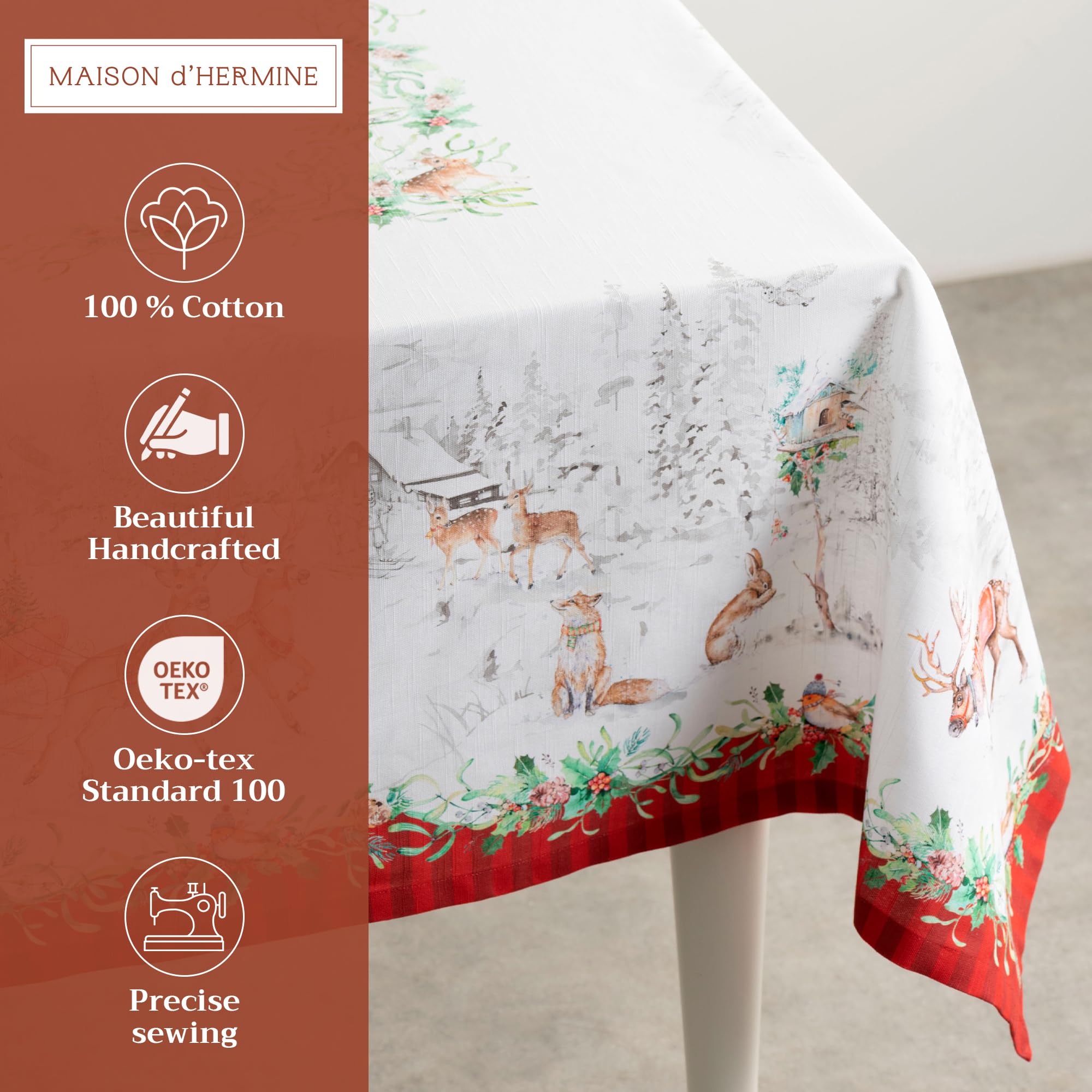 Maison d' Hermine Maison d'Hermine Tischdecke Rechteckig 100% Baumwolle 180 cm x 140 cm Wiederverwendbar Alltagsgebrauch für Weihnachtsdekorationen Esszimmer Landhaus Zuhause Party Festlich (Christmas Tradition) – Bild 2
