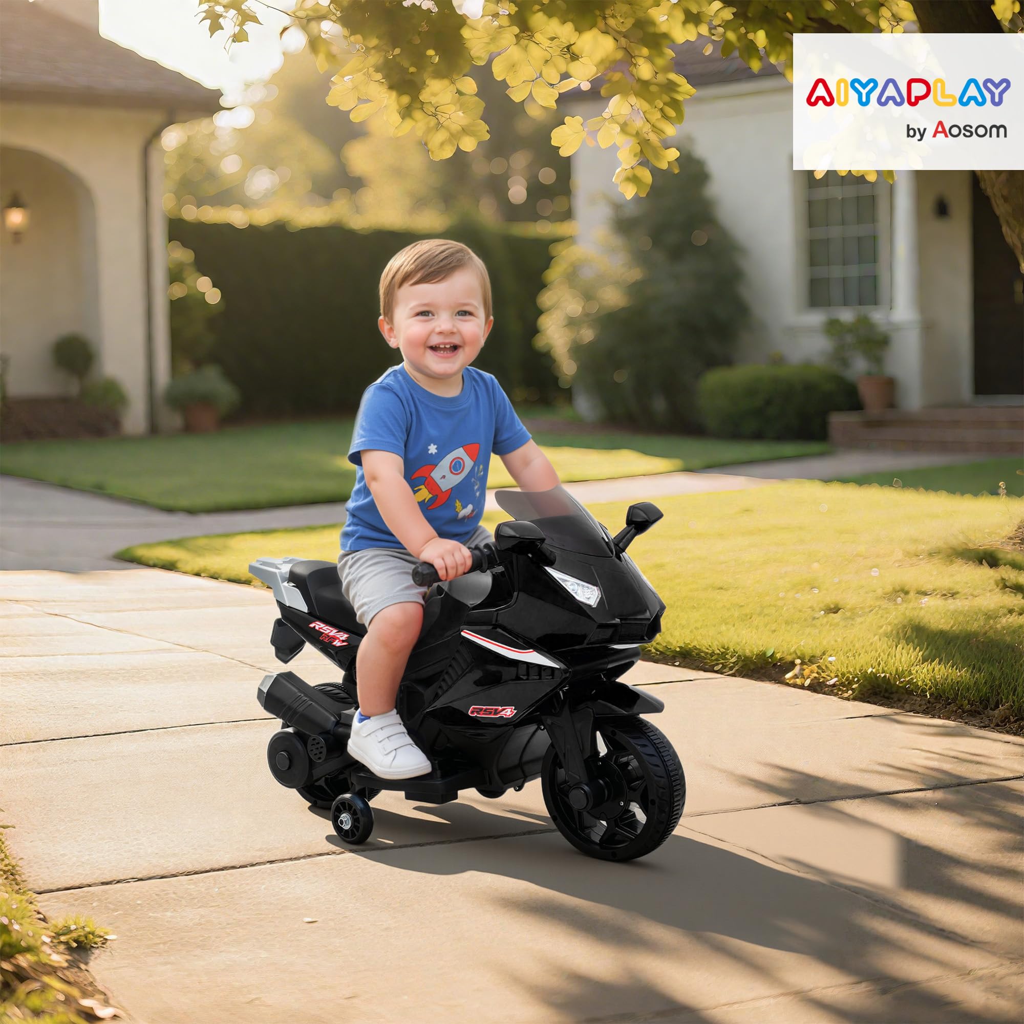 AIYAPLAY Moto électrique Enfants, Moto à Batterie 6 V avec Effets Lumineux et sonores, Roues d'entraînement, Vitesse 2,5 km/h, pour 18 à 36 Mois, Charge Max. 25 kg, Noir