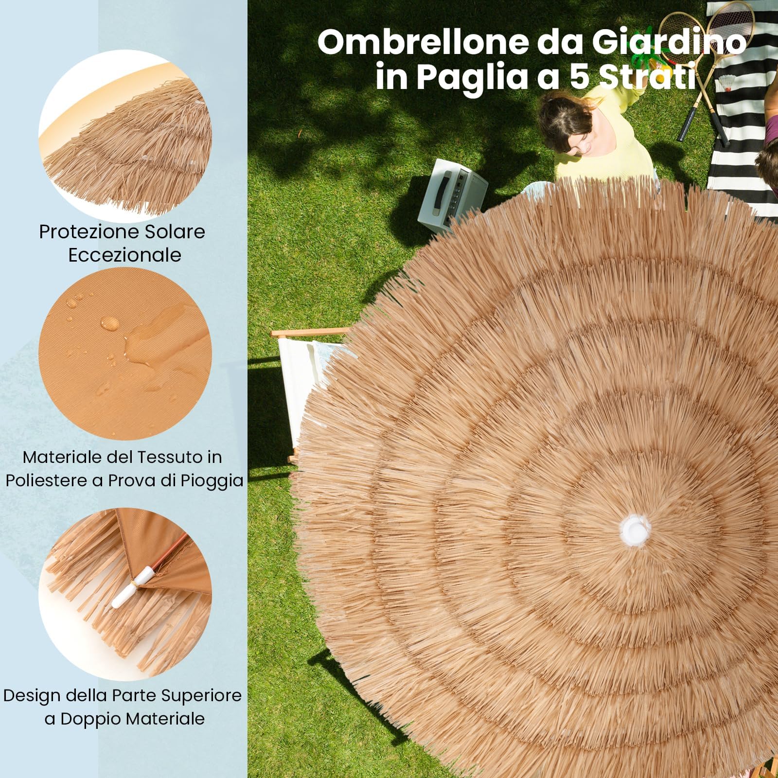 GYMAX Ombrellone Paglia PP, Altezza Regolabile, Angolo Inclinabile, Parasole Ombrello da Esterno con 8 Stecche, Borsa di Trasporto, per Giardino, Piscina, Mare, Terrazzo
