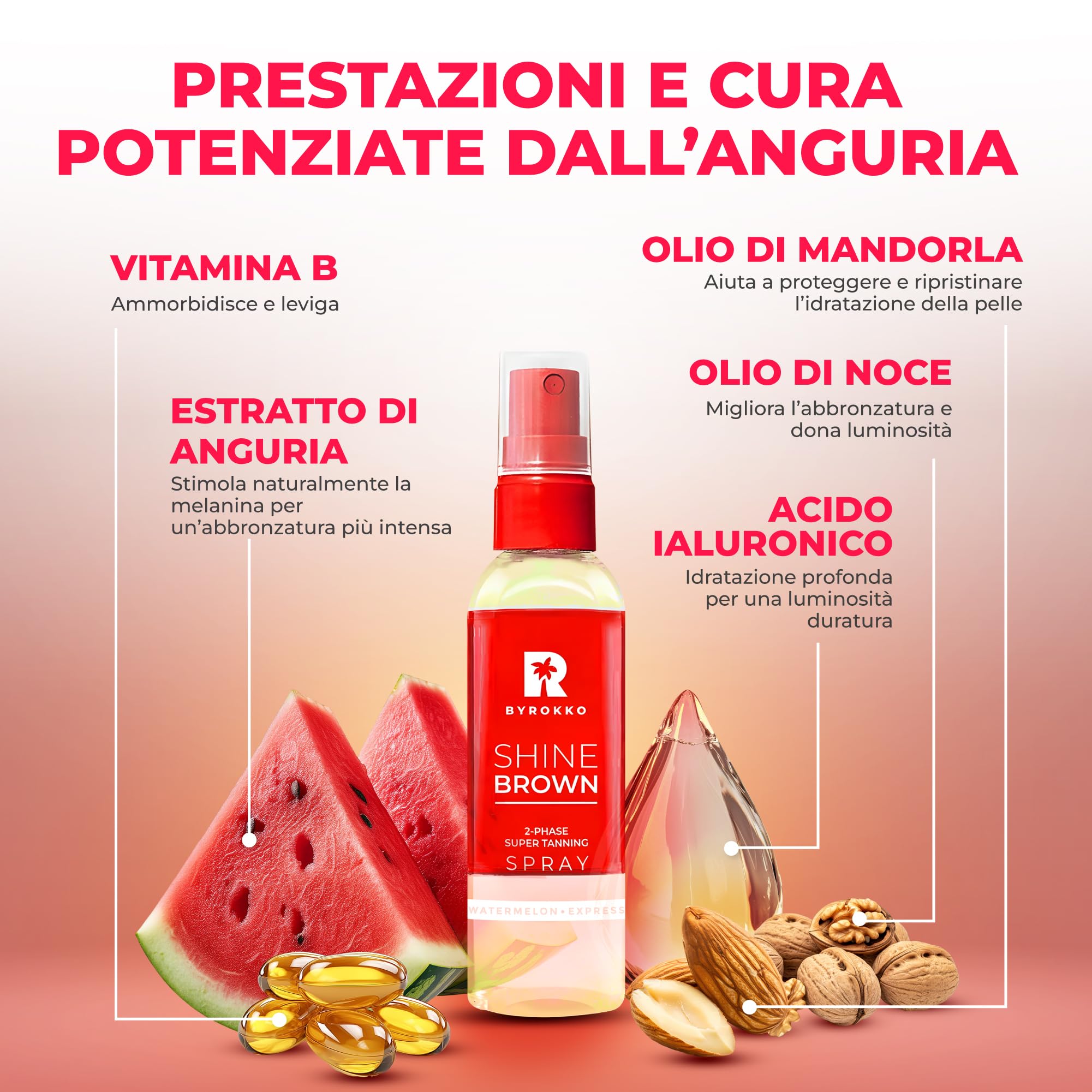 BYROKKO Shine Brown Spray Abbronzante Bifasico Anguria (100 ml), acceleratore con oli naturali e acido ialuronico, per sole e lettino, formula idratante a rapido assorbimento