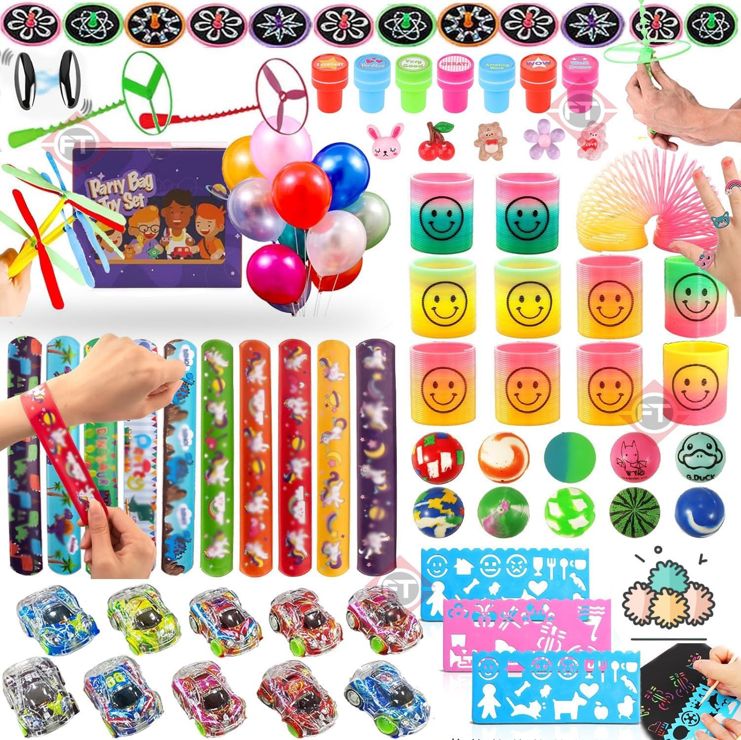 D Moto World DCW Pack of 200 Pieces mini toys for Kids| Birthday Party Favors, School Giveaway Items| Scratch Sheets, Stencils, DIY Toy & Slap Band
