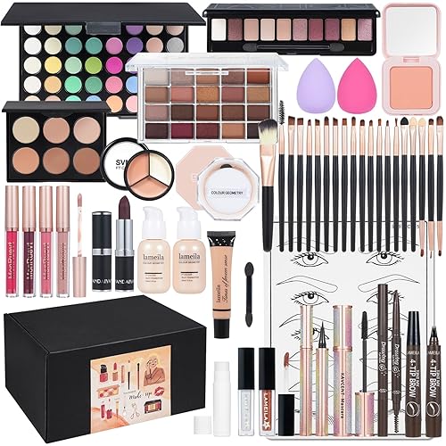 Kit de maquillaje todo en uno para mujer, kit completo de maquillaje multiusos, sombra de ojos, base líquida, polvo suelto, lápiz de cejas, juego de