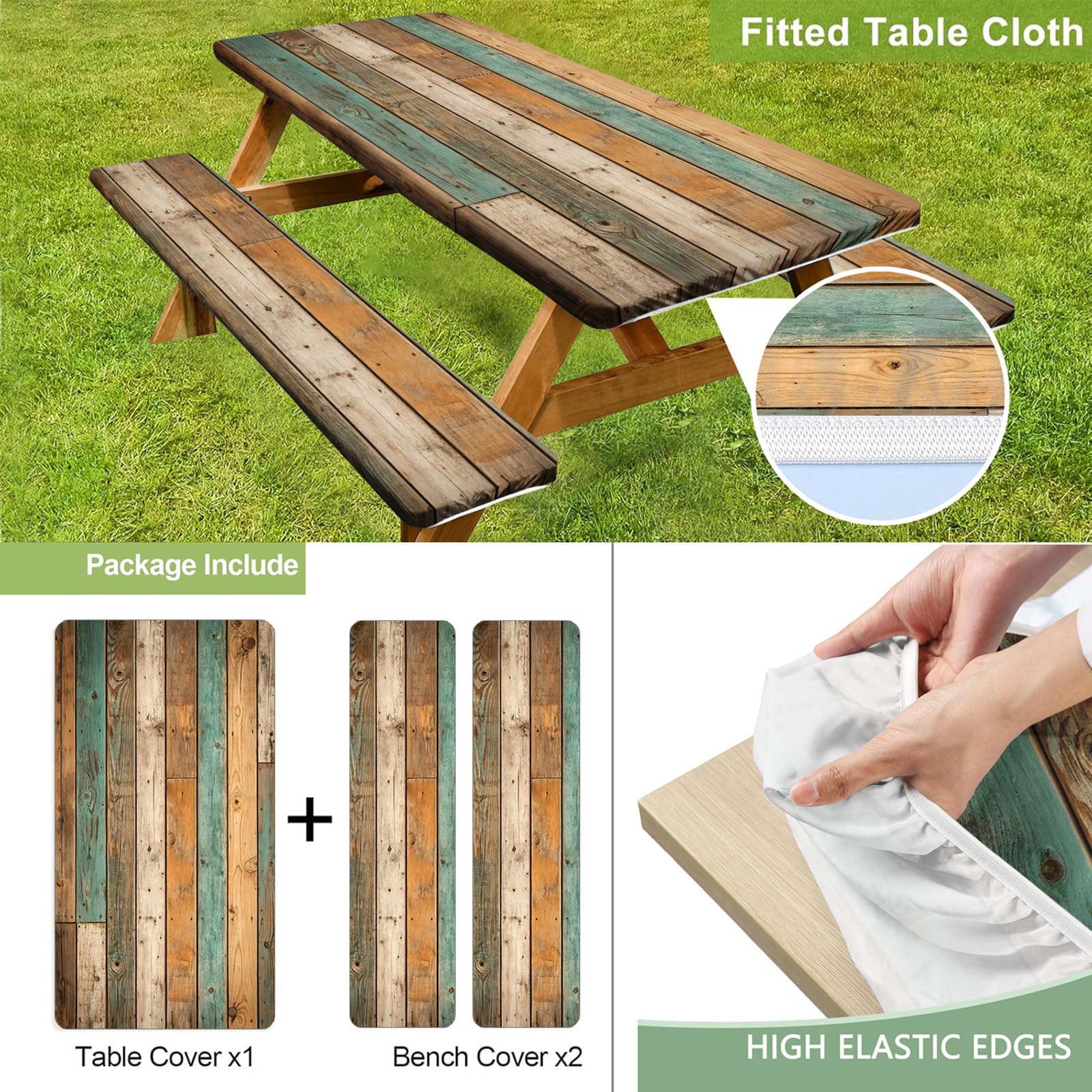 Funda de mesa de picnic ajustada con fundas de banco, funda de mesa de picnic al aire libre, 3 piezas, 8 pies, impermeable, elástico en todo el contorno, imitación de grano de madera, para picnic al