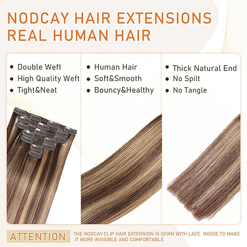 Miniatura 2 de Extensiones de cabello humano real con pinzas, 18 pulgadas, 2.48 onzas, 7 unidades, color marrón chocolate a rubio caramelo, extensiones de cabello