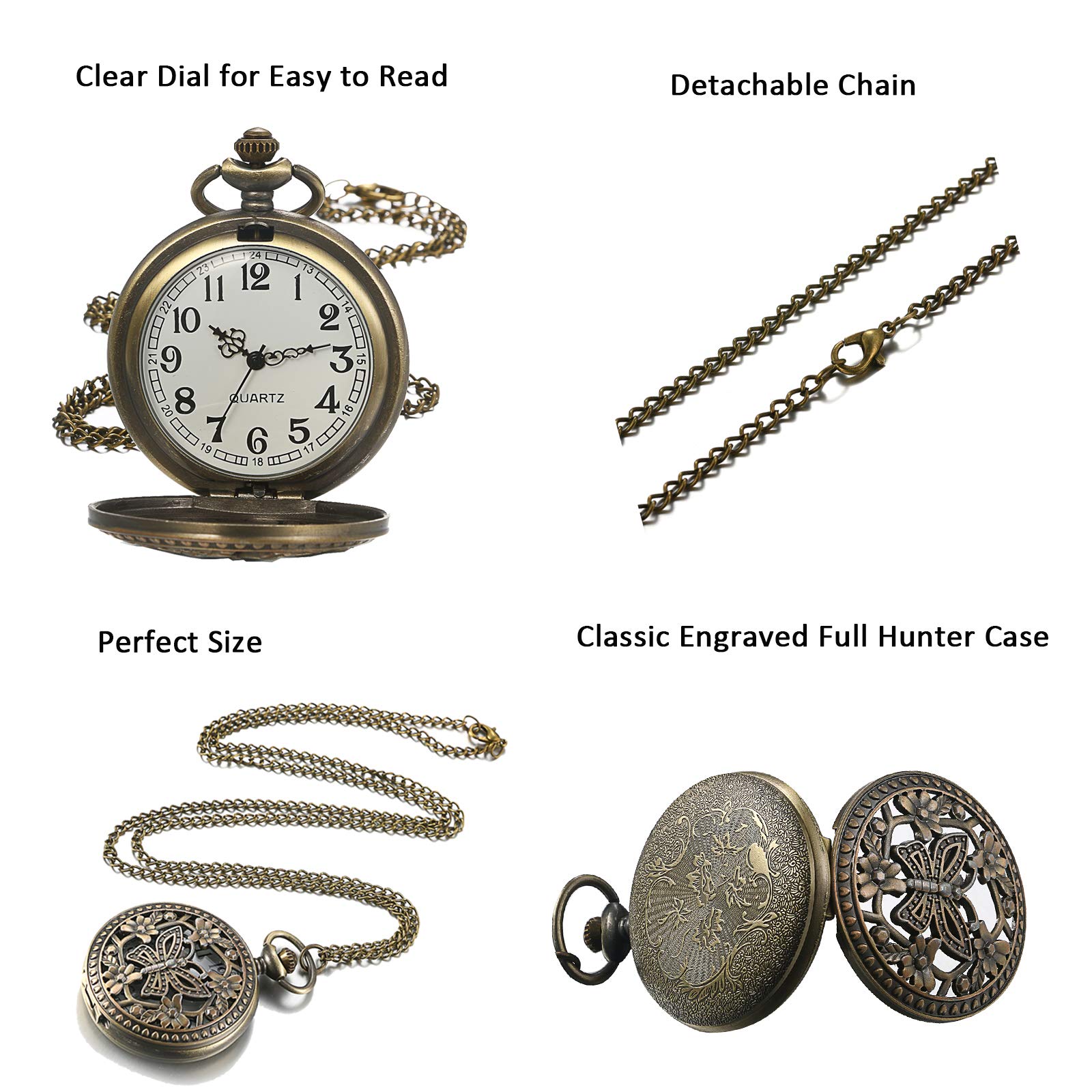 JewelryWe Prezent na Dzień Matki, retro zegarek kieszonkowy z łańcuszkiem, dla kobiet i mężczyzn, analogowy, kwarcowy, zegarek łańcuszkowy, wisiorek z łańcuszkiem, prezent dla kobiet i mężczyzn, Typ