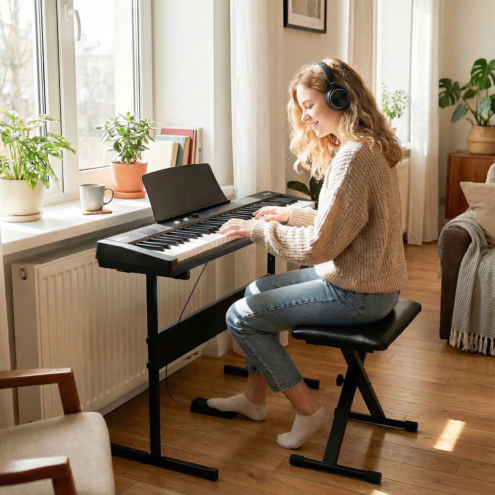 COSTWAY Teclado de Piano Digital de 61 Teclas para Principiantes, Teclado Eléctrico con Soporte Ajustable y Banqueta, 128 Ritmos y 128 Tonos, 80 Demos, Instrumento Musical para Niños y Adultos